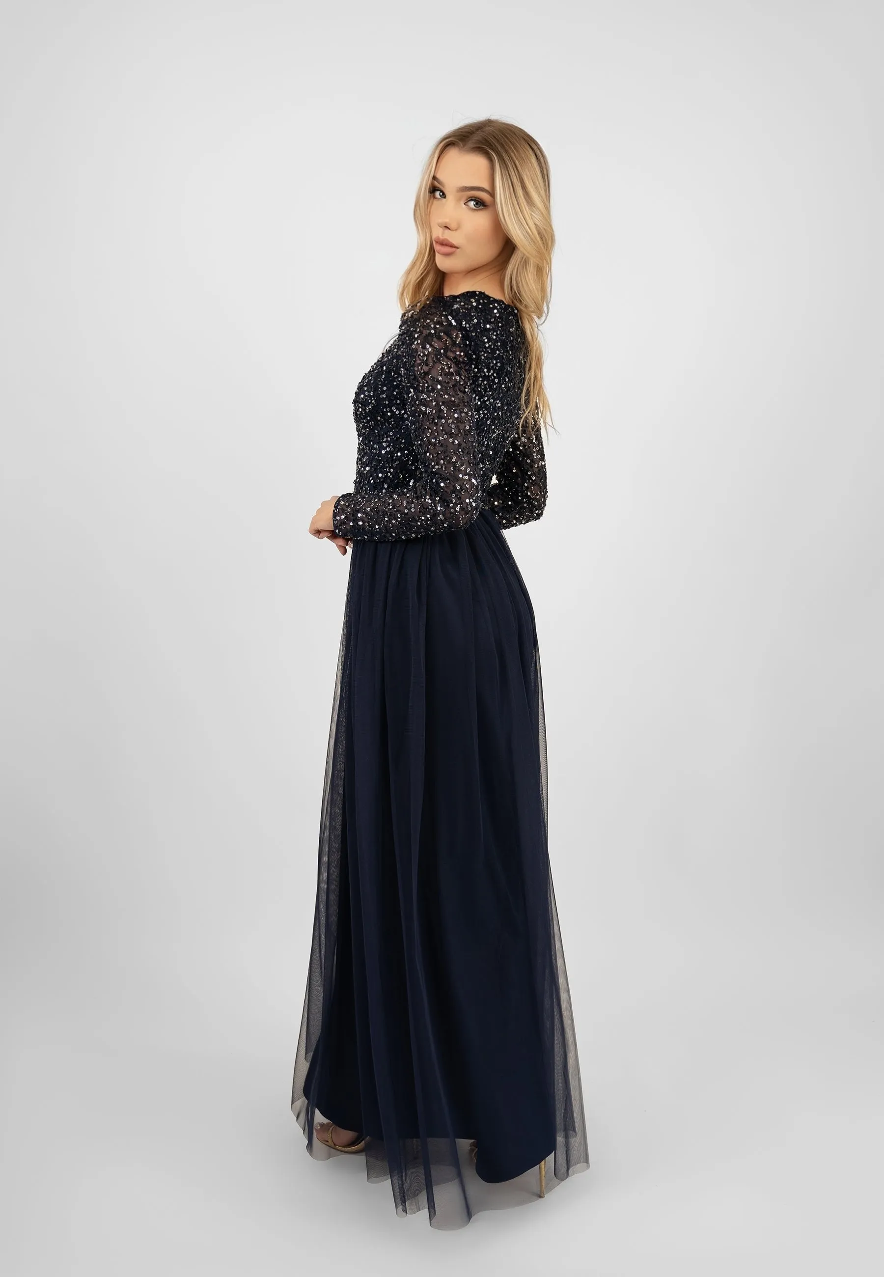 Belle Navy Blue Long Sleeve Bridesmaid Dress sold by Lace & Beads product image thumbnail 3