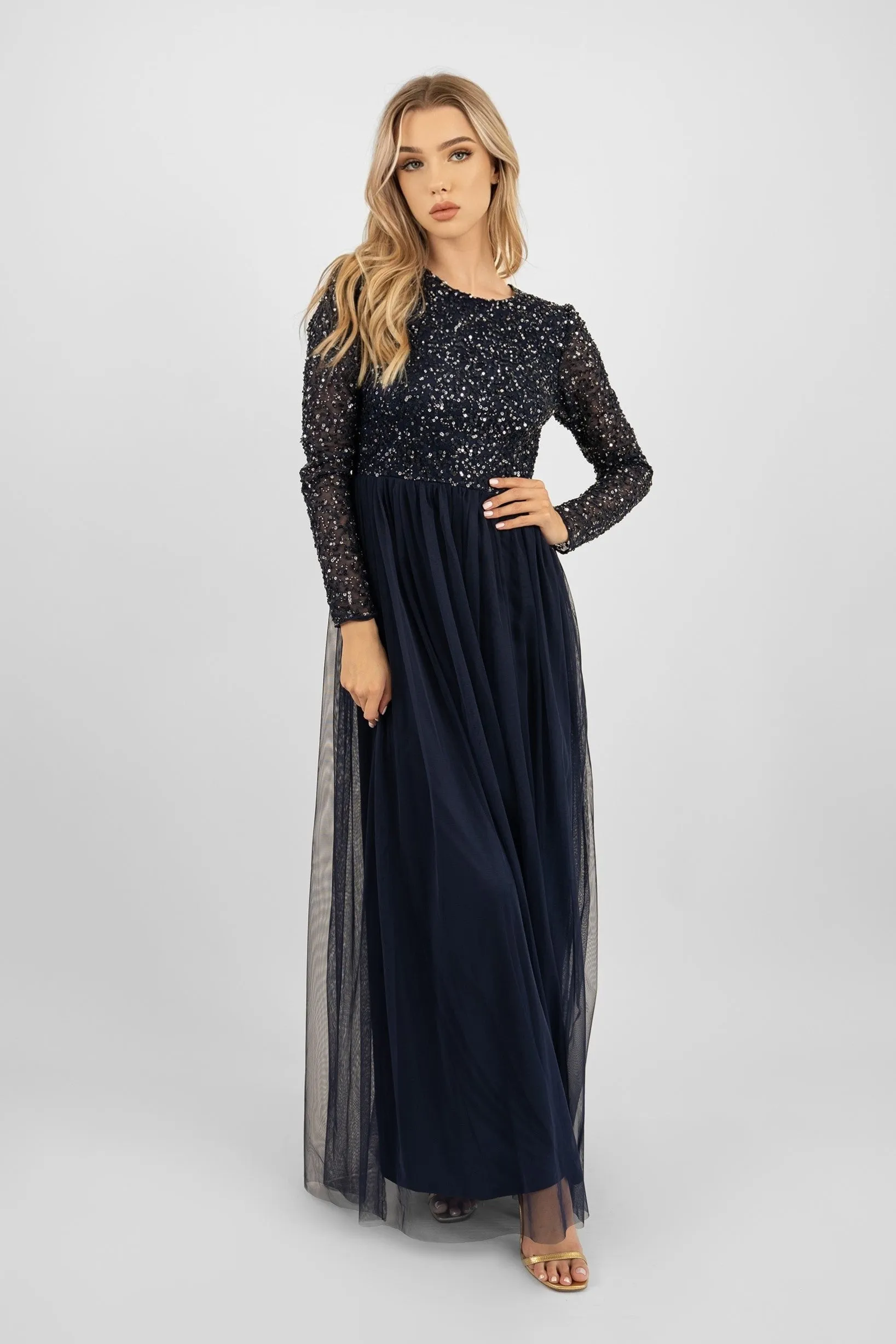 Belle Navy Blue Long Sleeve Bridesmaid Dress sold by Lace & Beads product image thumbnail 2