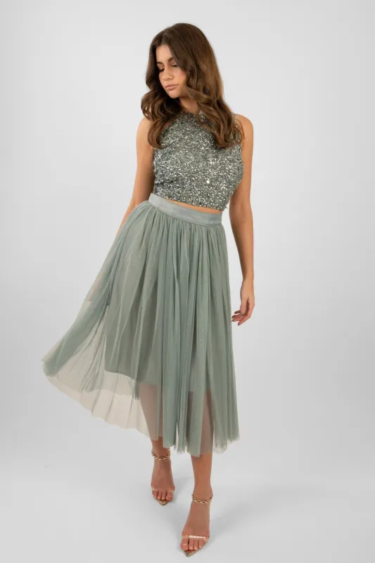 Cleo Teal Tulle Midi Skirt sold by Lace & Beads