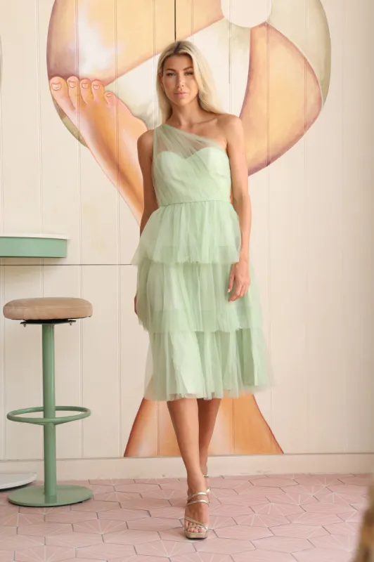 Leyana One Shoulder Tulle Dress in Sage Green sold by Lace & Beads