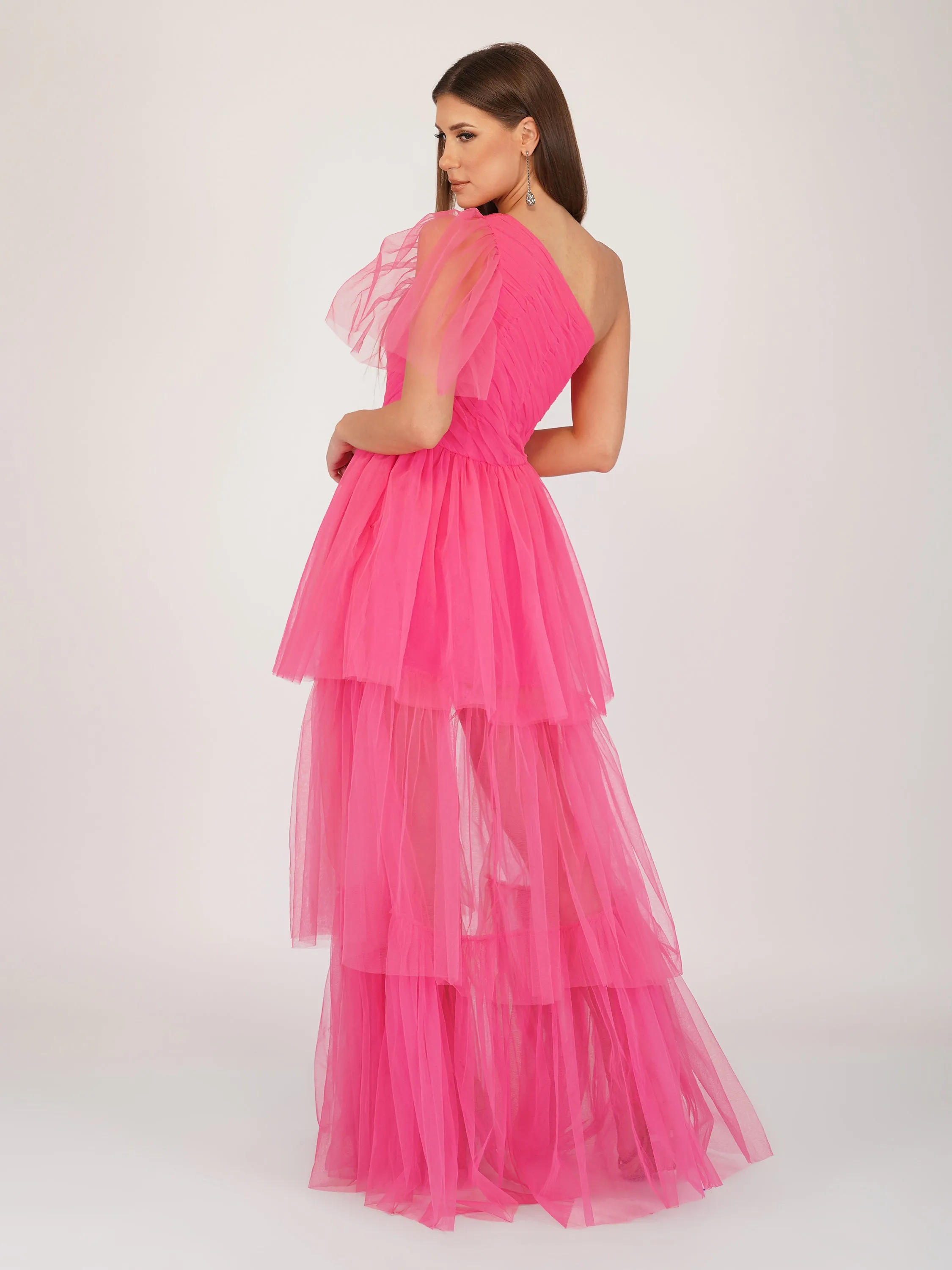 Rowena Bright Pink One Shoulder Tulle Gown sold by Lace & Beads product image thumbnail 3