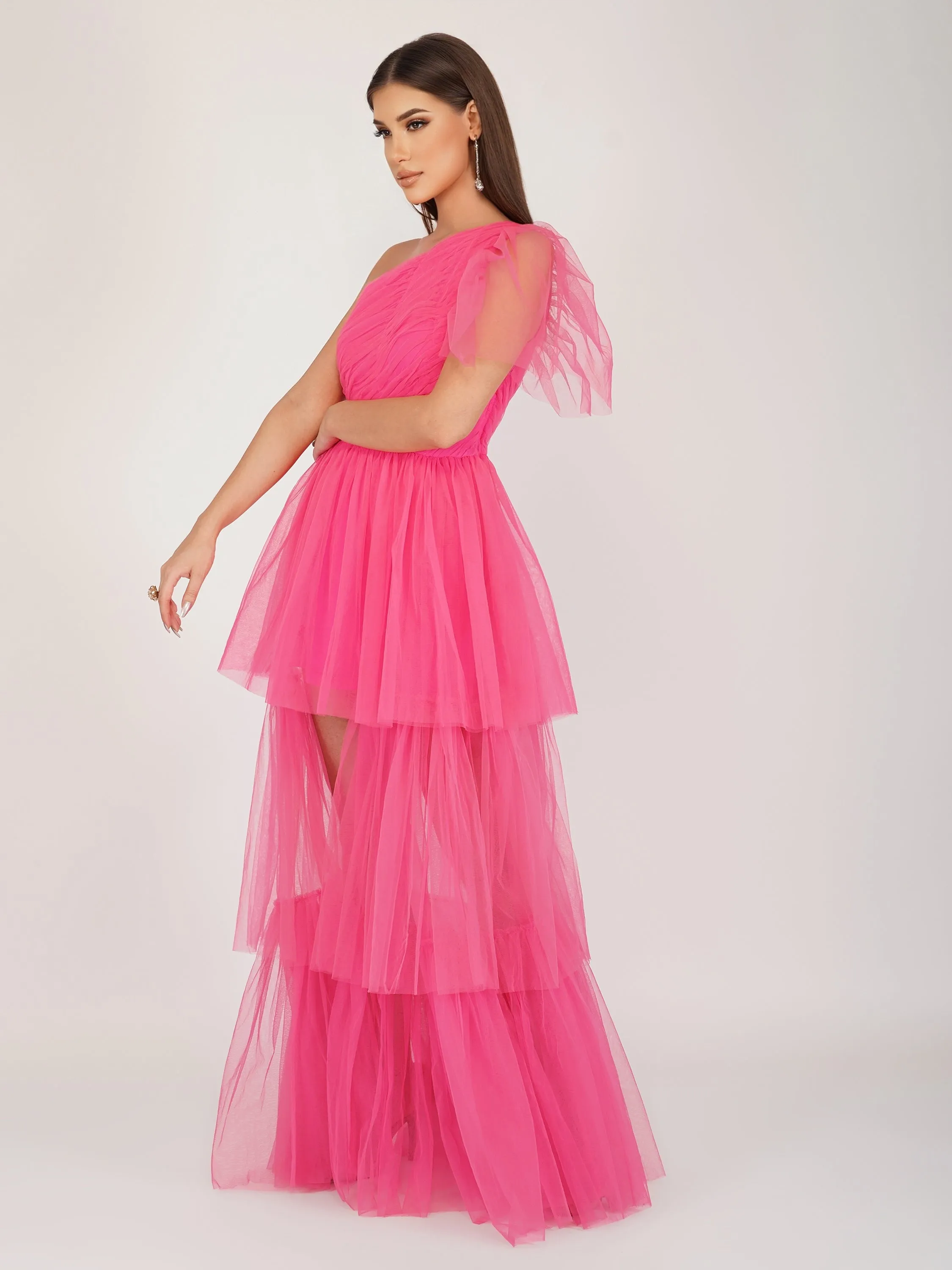 Rowena Bright Pink One Shoulder Tulle Gown sold by Lace & Beads product image thumbnail 4