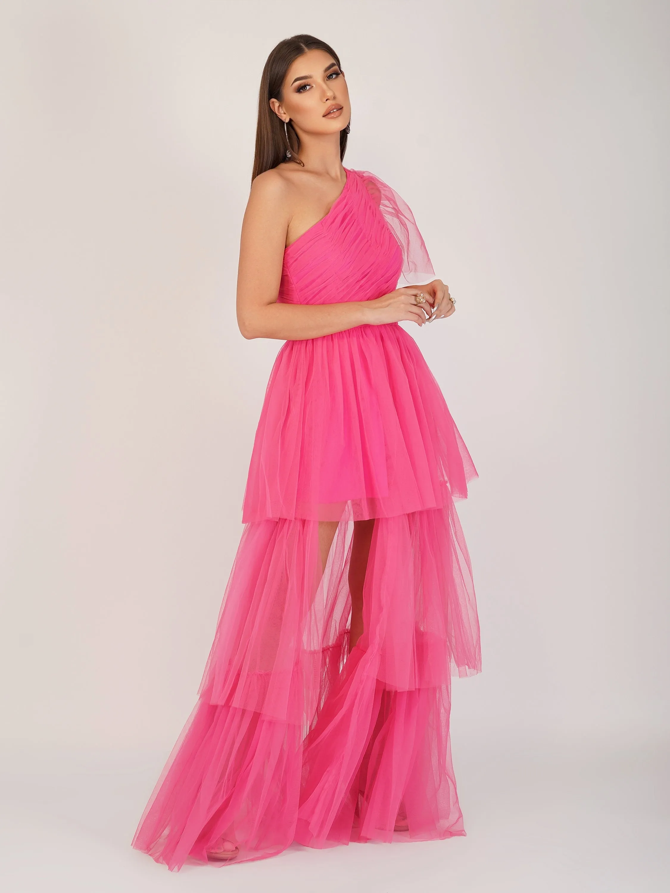Rowena Bright Pink One Shoulder Tulle Gown sold by Lace & Beads product image thumbnail 2