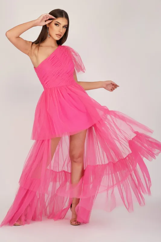 Rowena Bright Pink One Shoulder Tulle Gown sold by Lace & Beads
