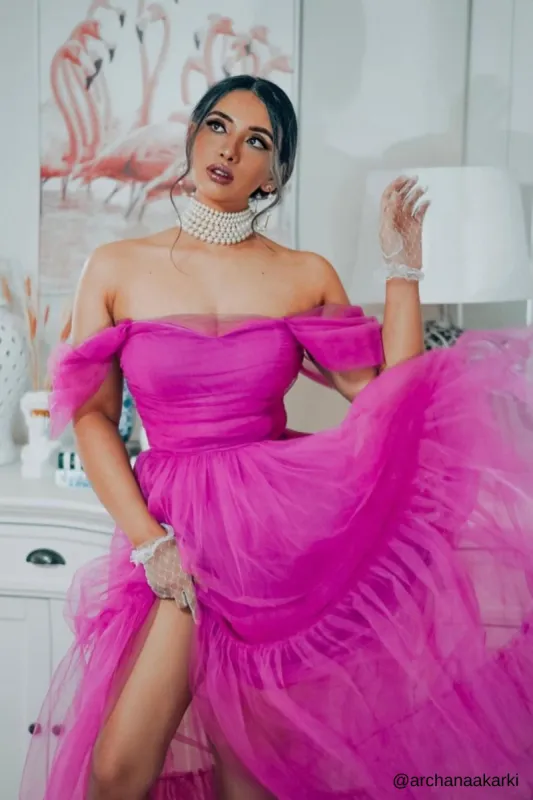 Sydney Off Shoulder Tulle Maxi Dress in Vivid Purple sold by Lace & Beads