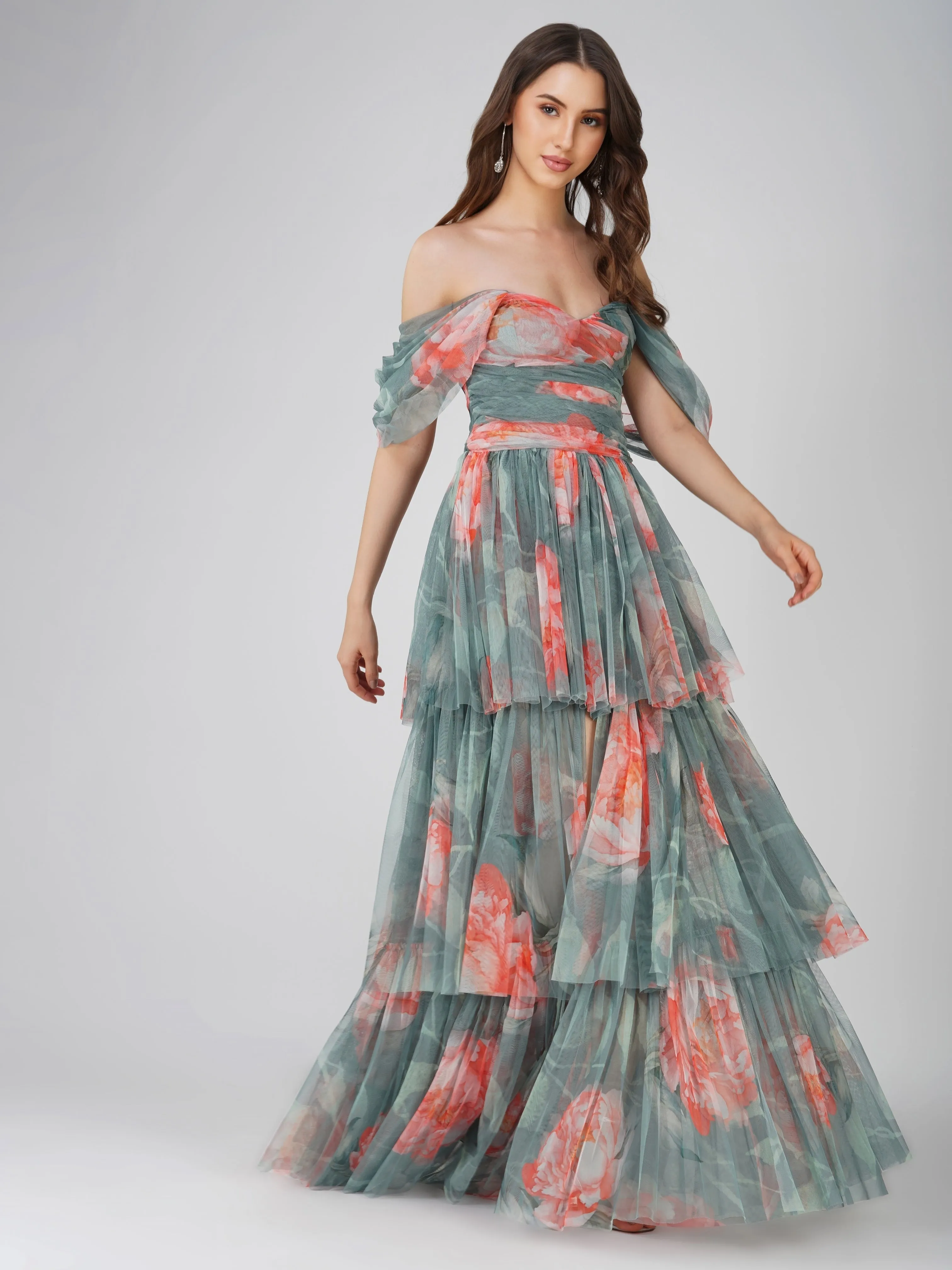Sydney Tulle Maxi Dress in Sage Green Floral sold by Lace & Beads product image thumbnail 2