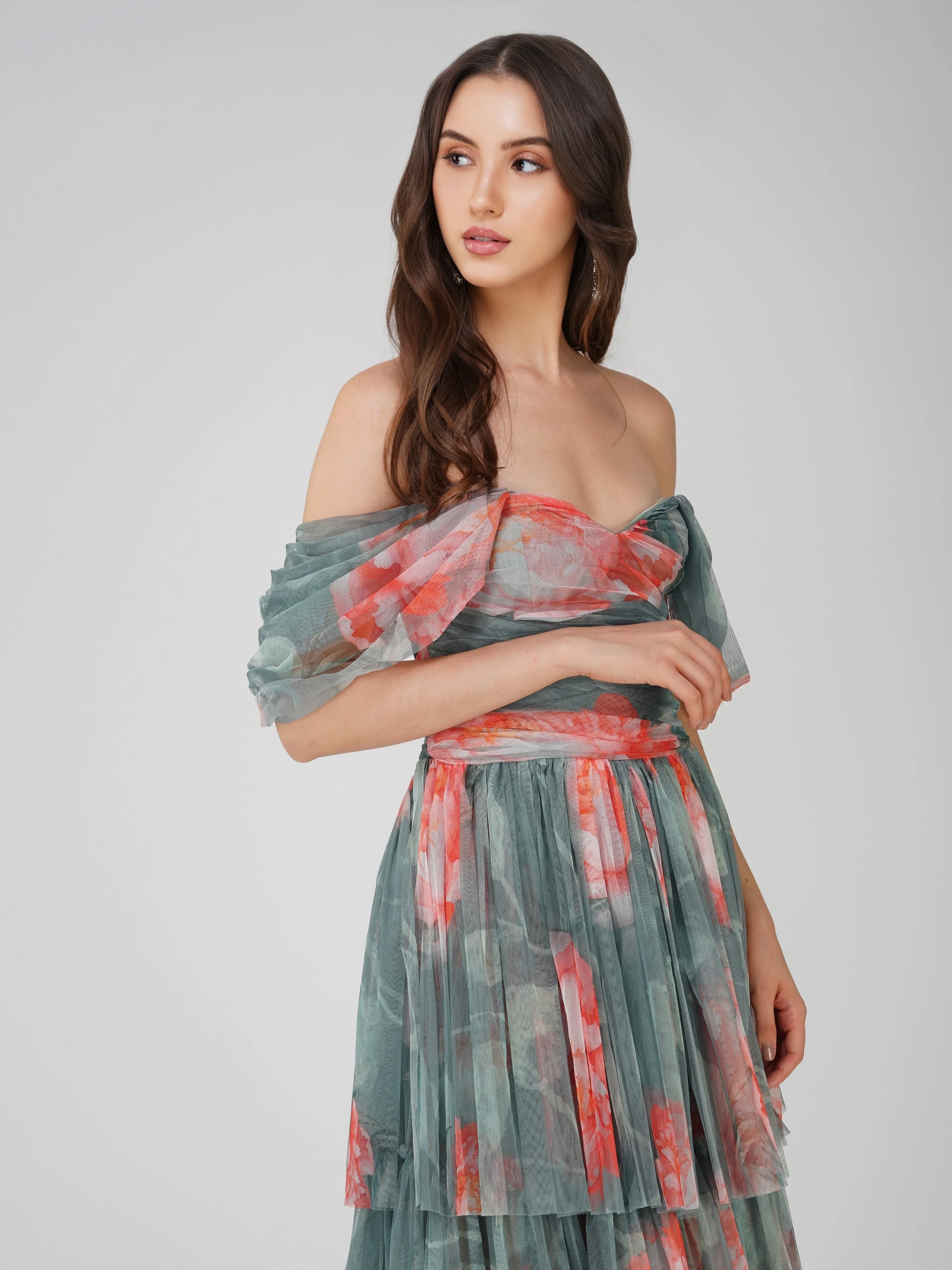Sydney Tulle Maxi Dress in Sage Green Floral sold by Lace & Beads product image thumbnail 3