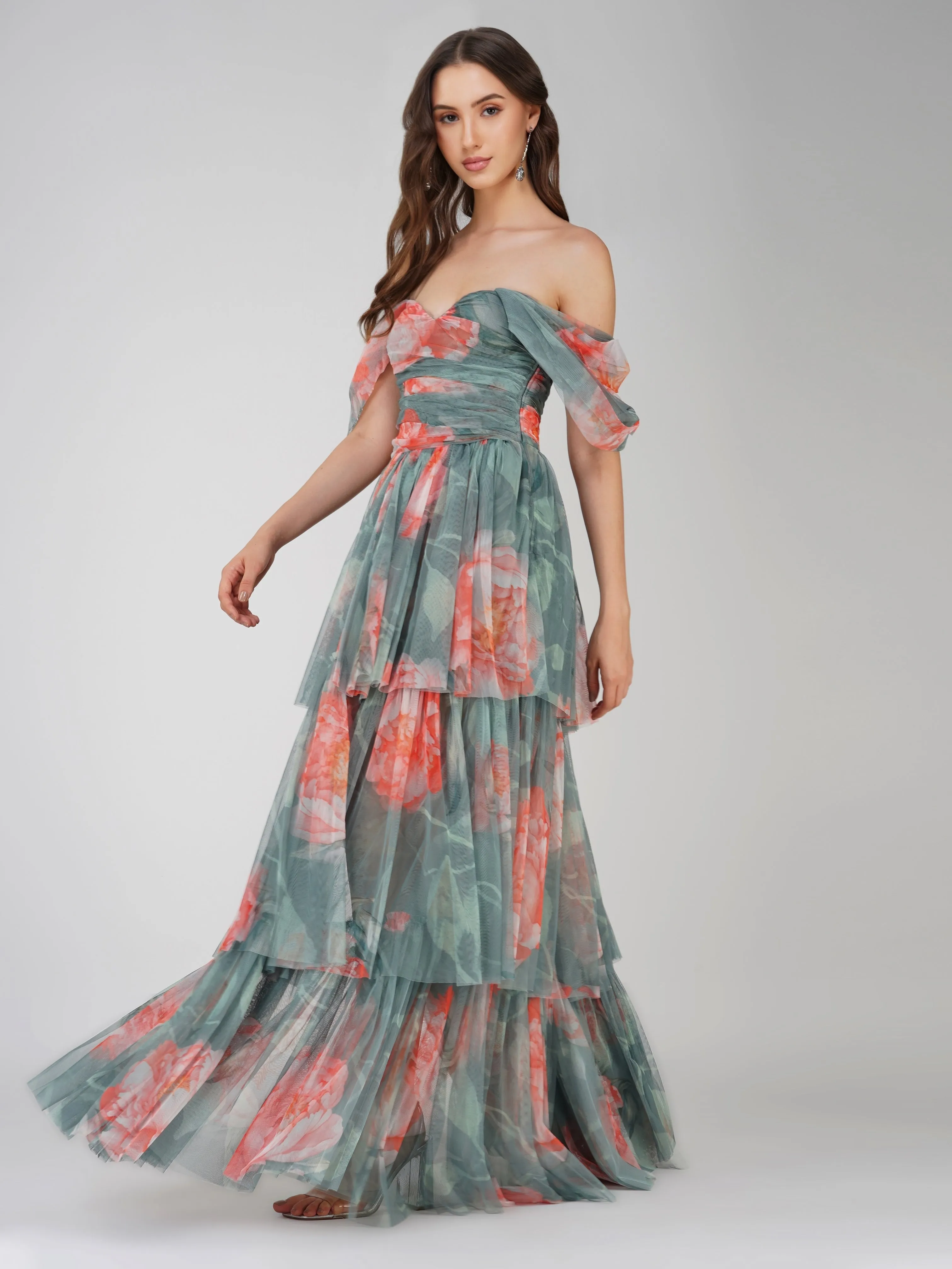 Sydney Tulle Maxi Dress in Sage Green Floral sold by Lace & Beads product image thumbnail 5