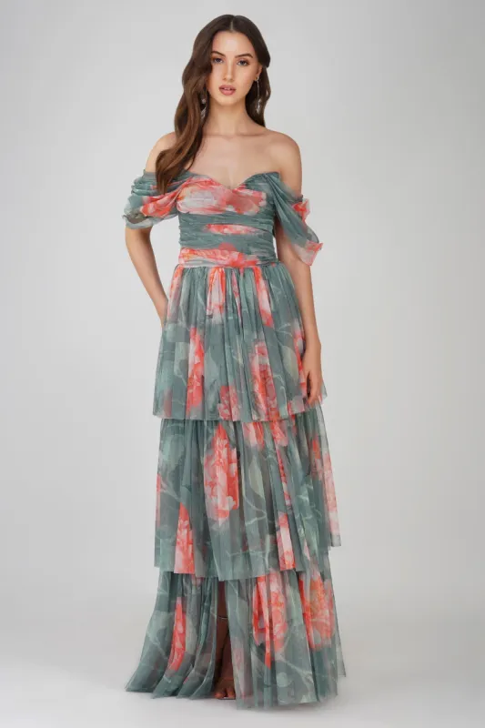 Sydney Tulle Maxi Dress in Sage Green Floral sold by Lace & Beads