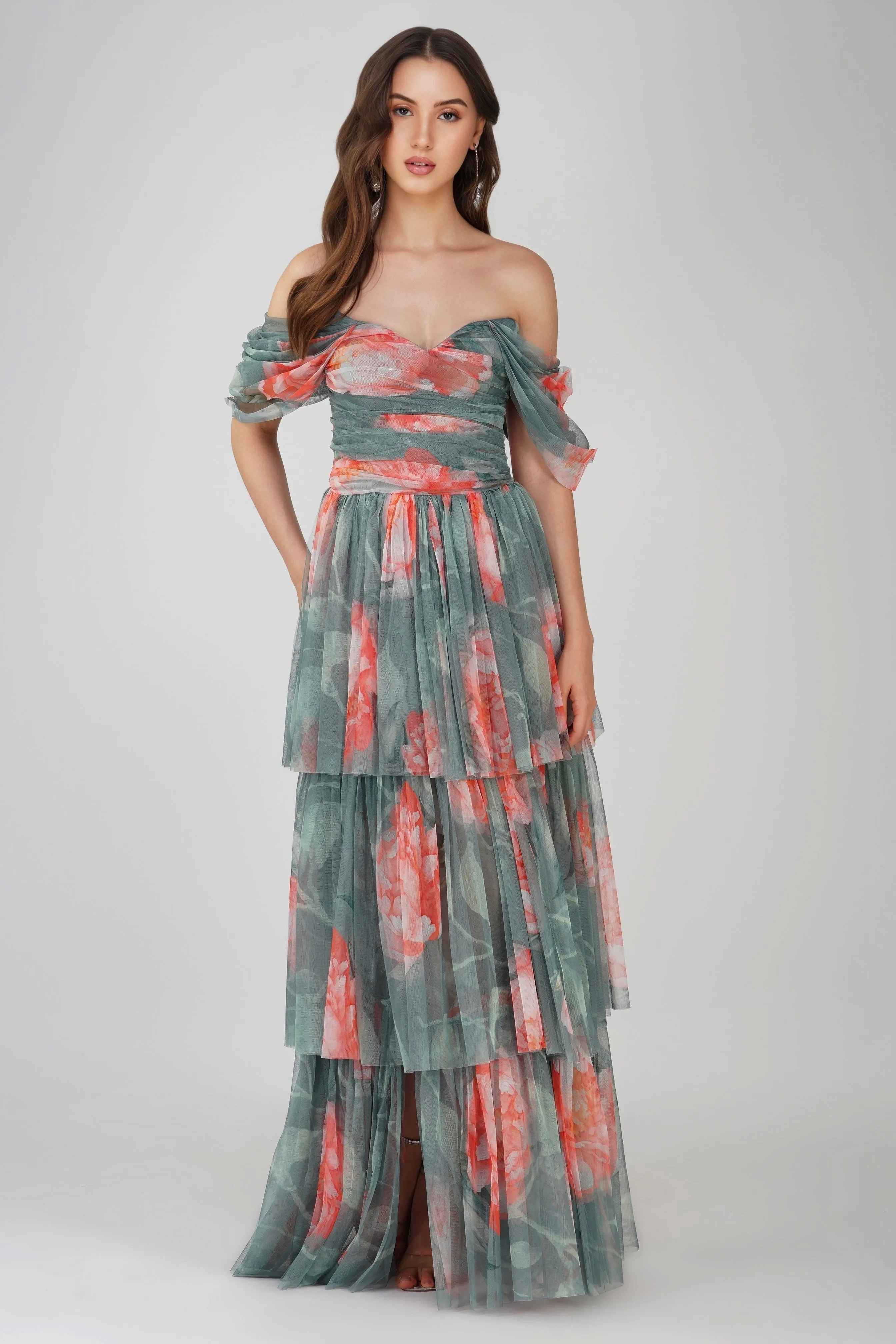 Sydney Tulle Maxi Dress in Sage Green Floral sold by Lace & Beads