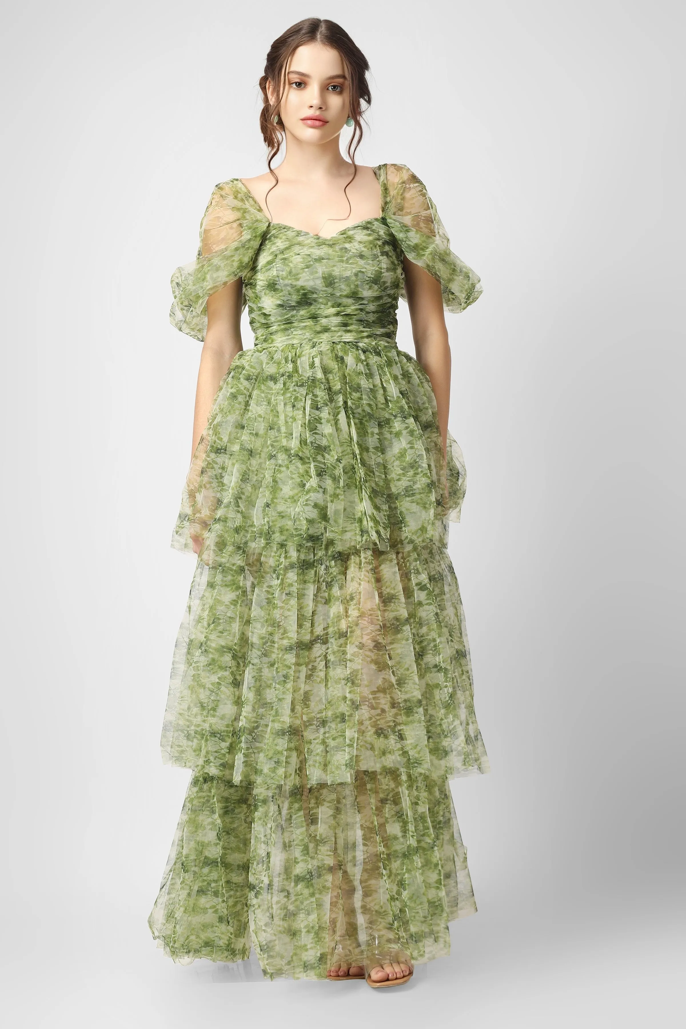 Sydney Tulle Maxi Dress in Green Print sold by Lace & Beads product image thumbnail 4