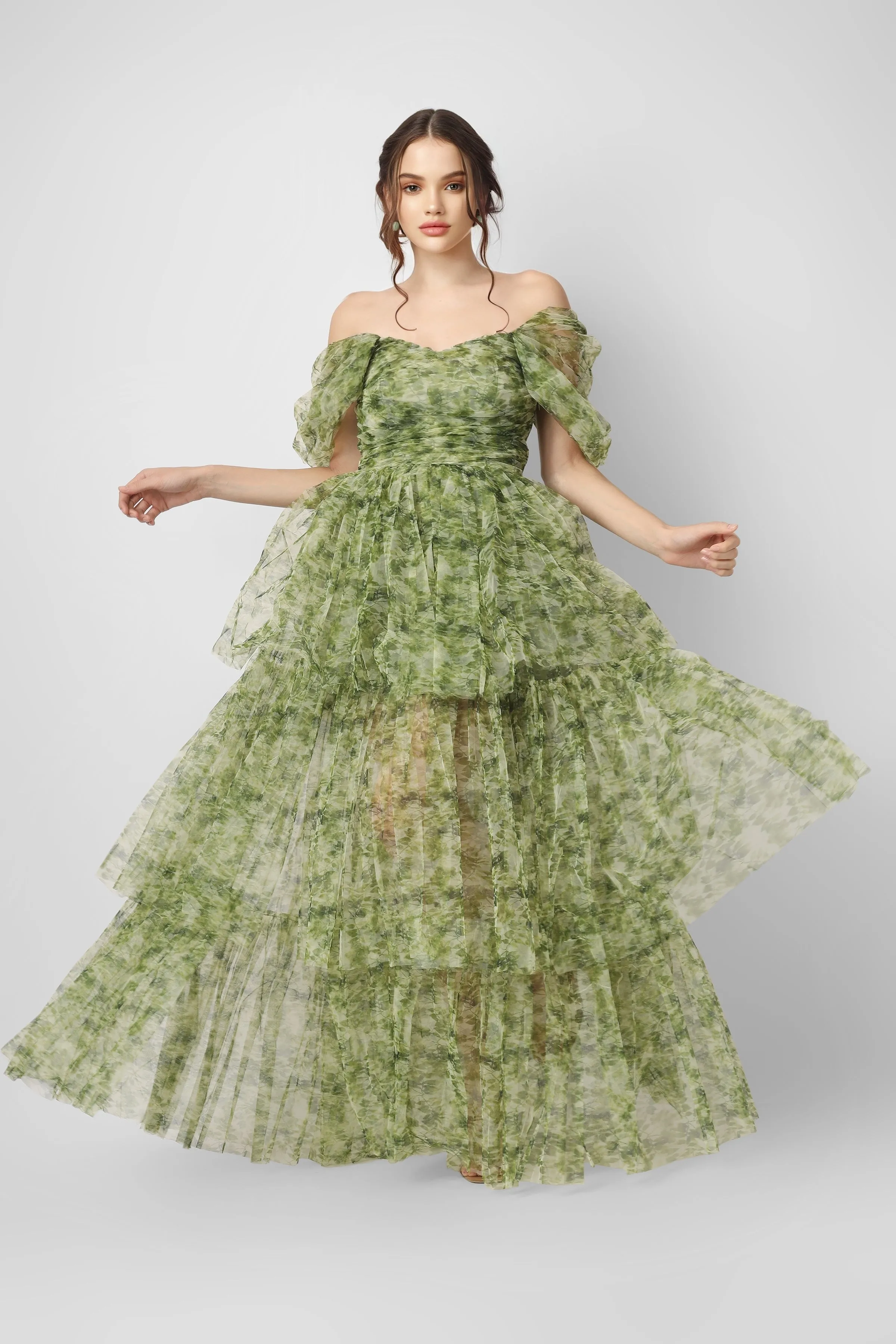 Sydney Tulle Maxi Dress in Green Print sold by Lace & Beads product image thumbnail 3