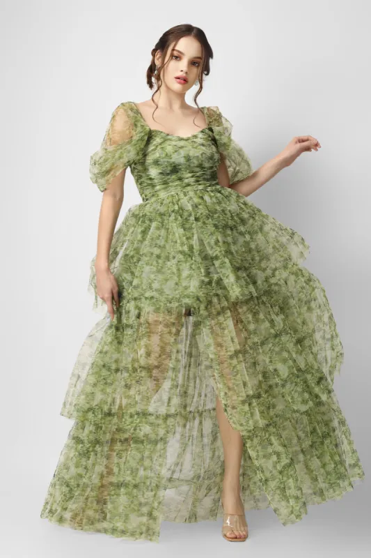Sydney Tulle Maxi Dress in Green Print sold by Lace & Beads
