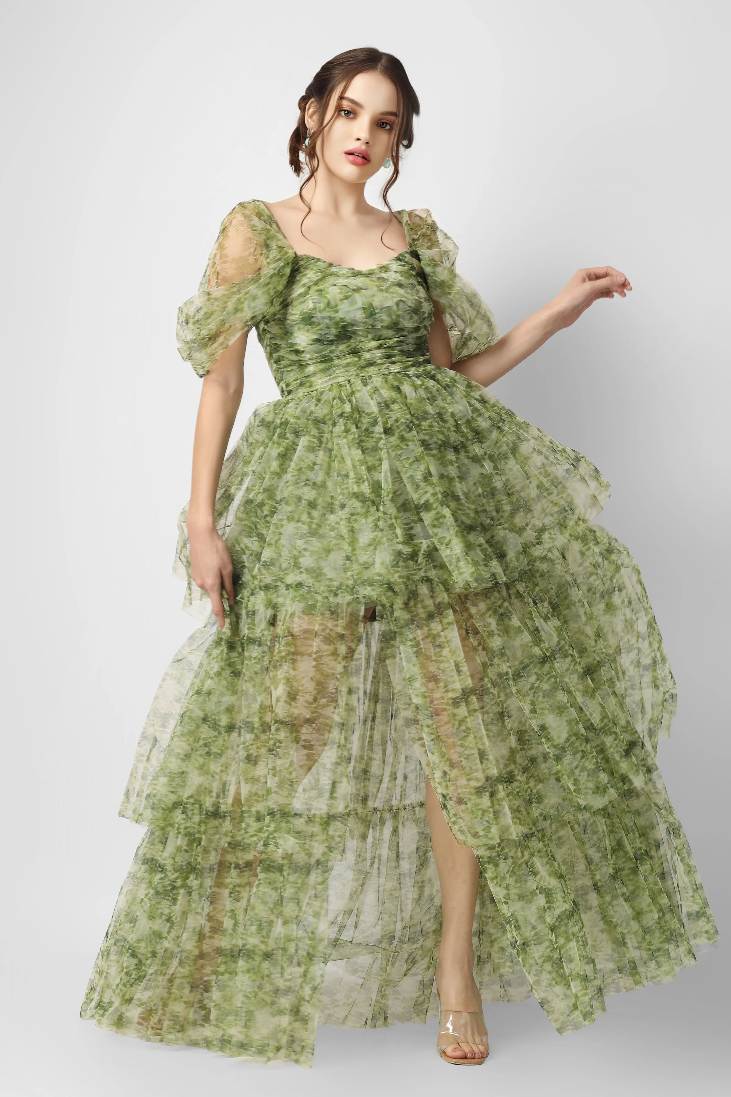 Sydney Tulle Maxi Dress in Green Print sold by Lace & Beads