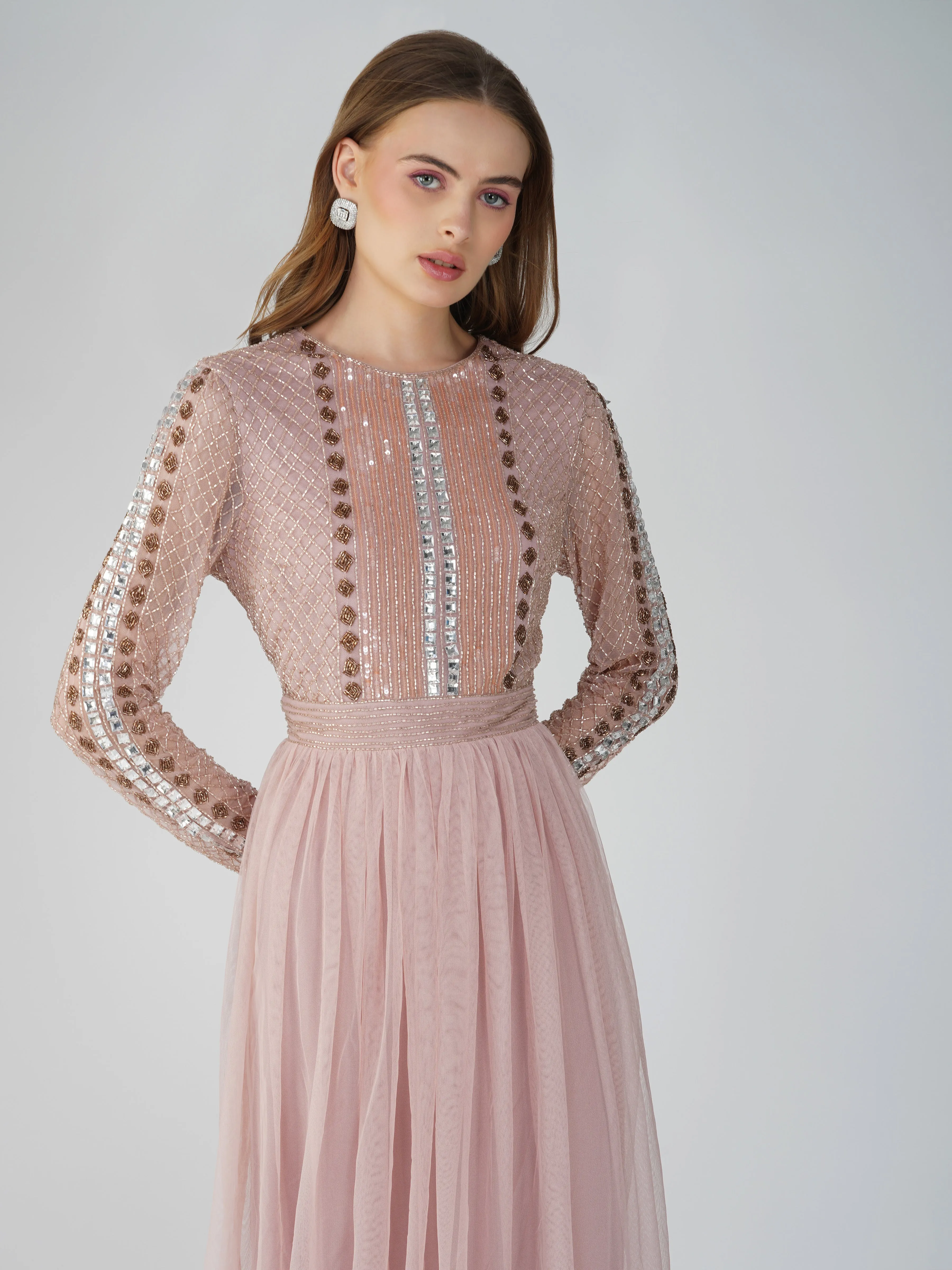 Melinda Long Sleeve Embellished Maxi Dress in Blush Pink sold by Lace & Beads product image thumbnail 3