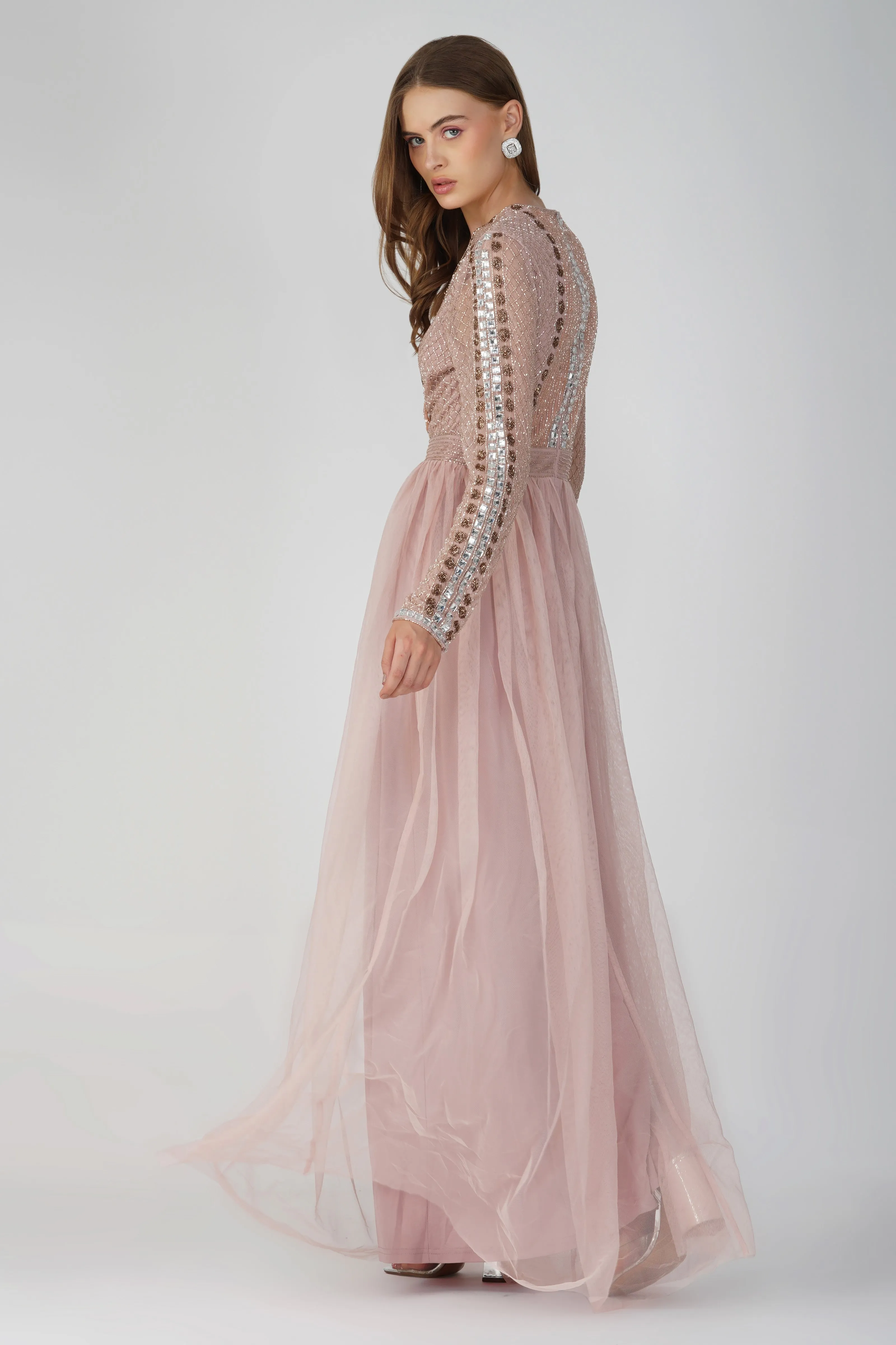 Melinda Long Sleeve Embellished Maxi Dress in Blush Pink sold by Lace & Beads product image thumbnail 2