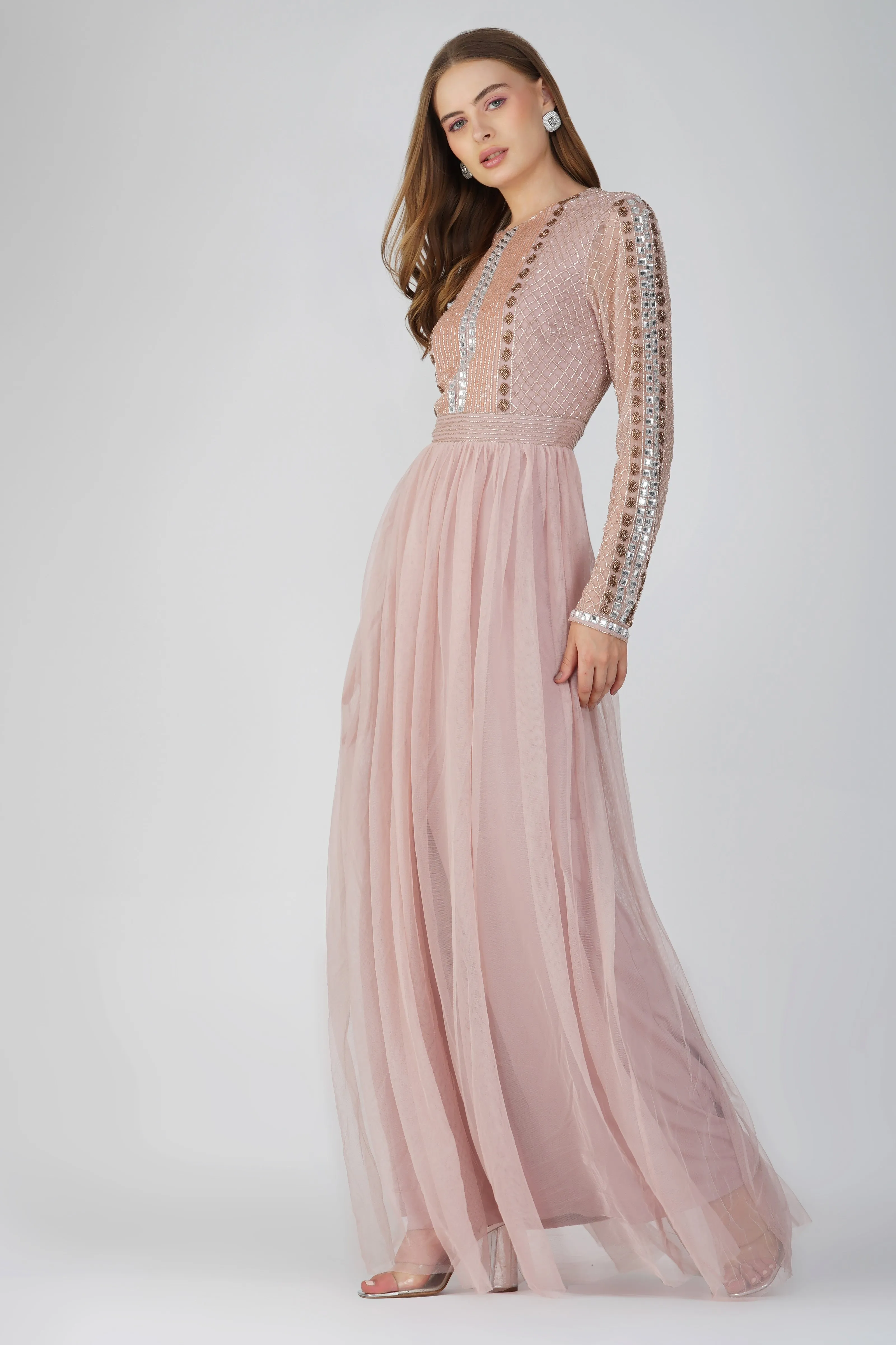 Melinda Long Sleeve Embellished Maxi Dress in Blush Pink sold by Lace & Beads