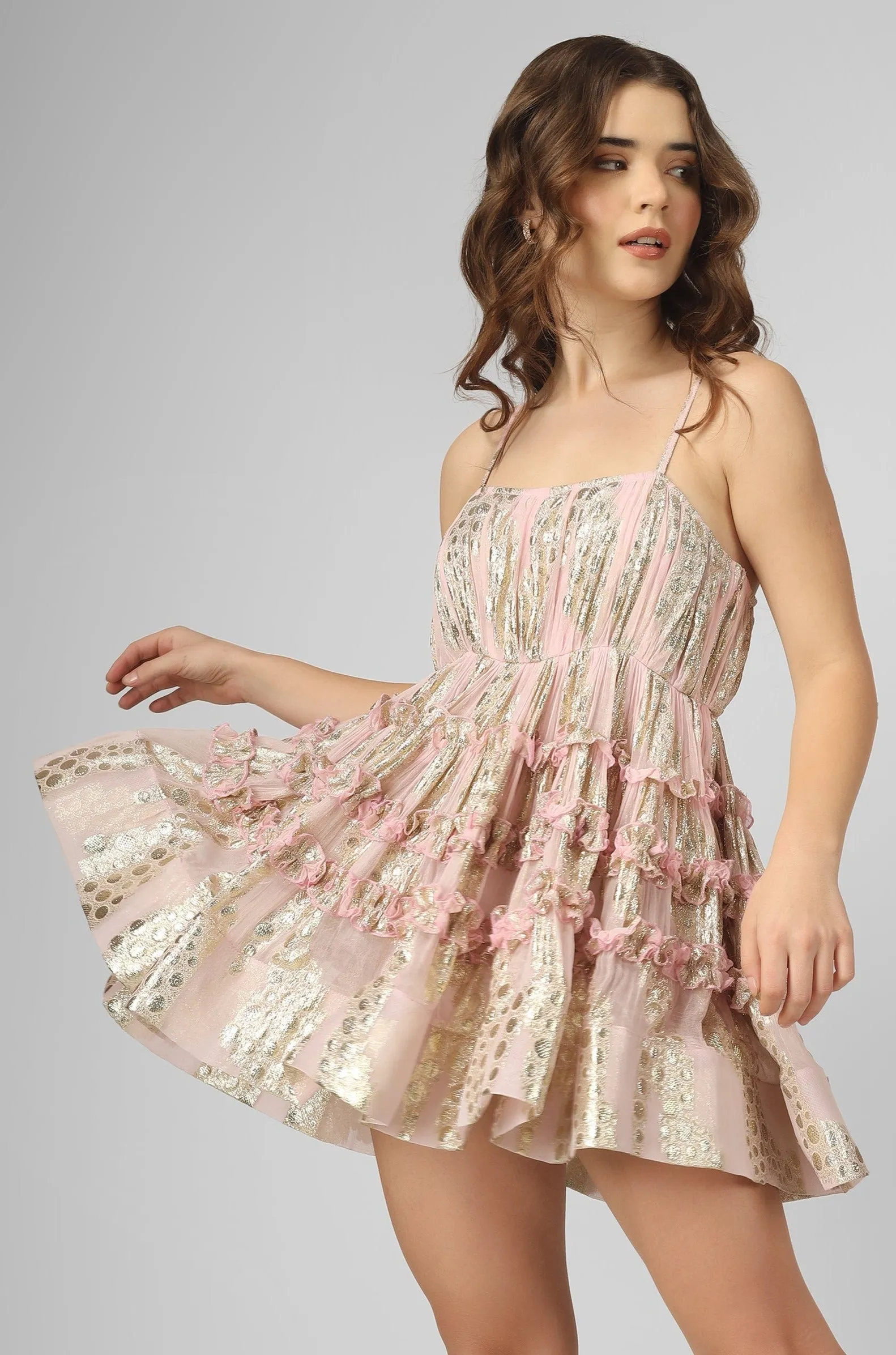 Bethan Metallic Printed Mini Dress in Pink sold by Lace & Beads