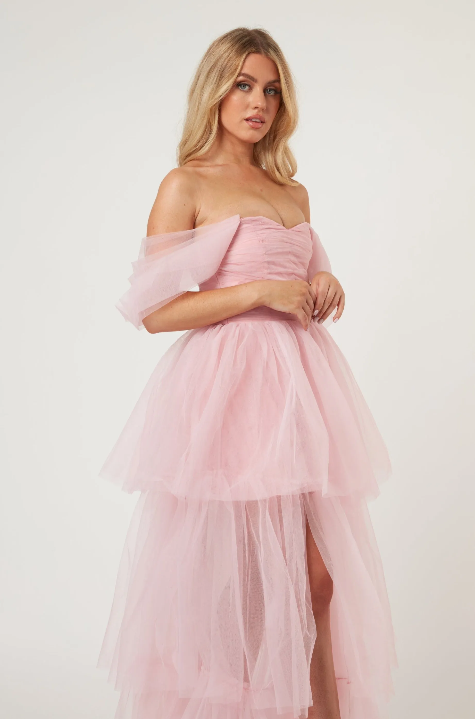 Sydney Off Shoulder Tulle Maxi Dress in Powder Pink sold by Lace & Beads product image thumbnail 3
