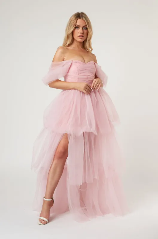 Sydney Off Shoulder Tulle Maxi Dress in Powder Pink sold by Lace & Beads