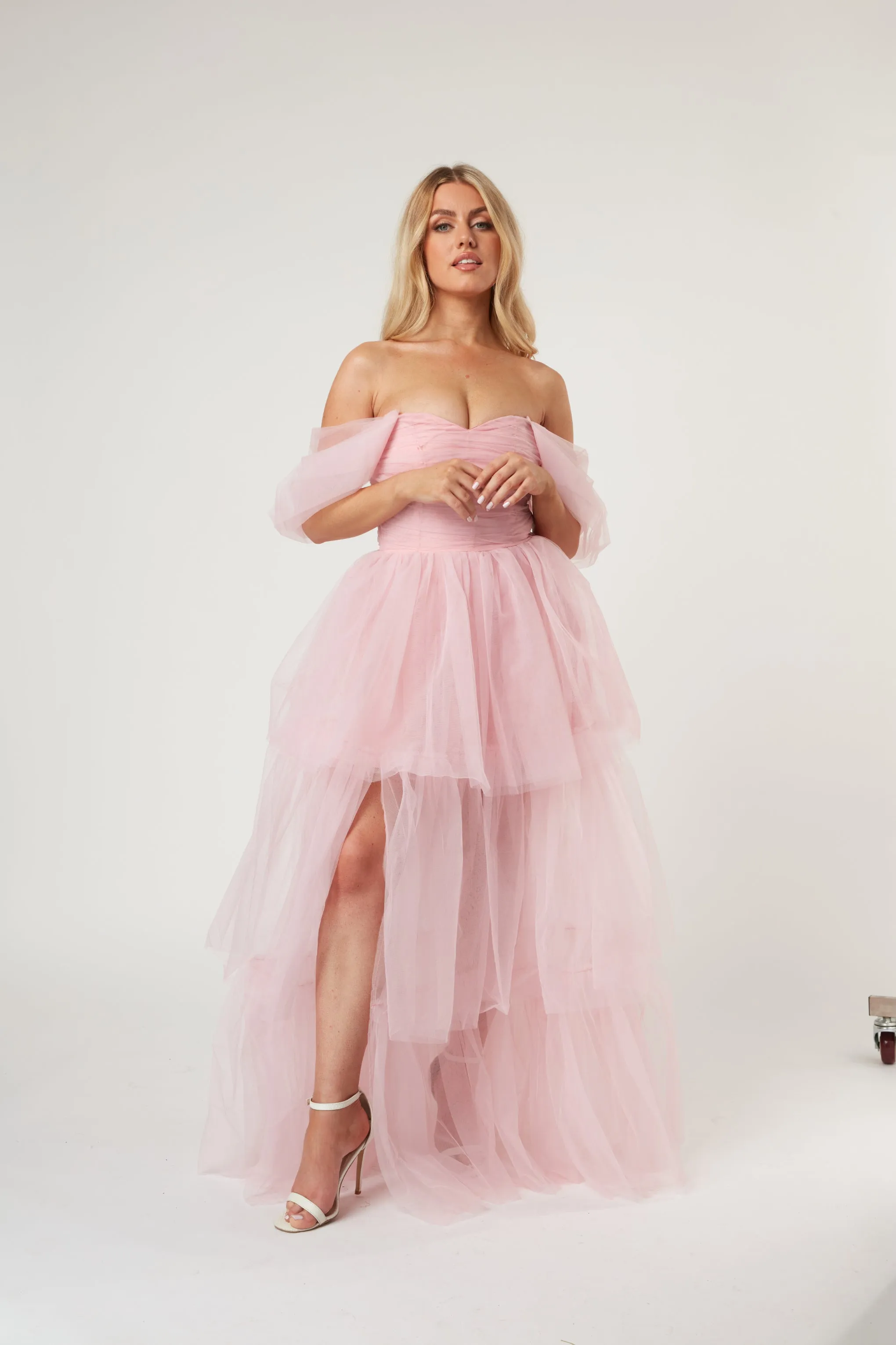 Sydney Off Shoulder Tulle Maxi Dress in Powder Pink sold by Lace & Beads product image thumbnail 5