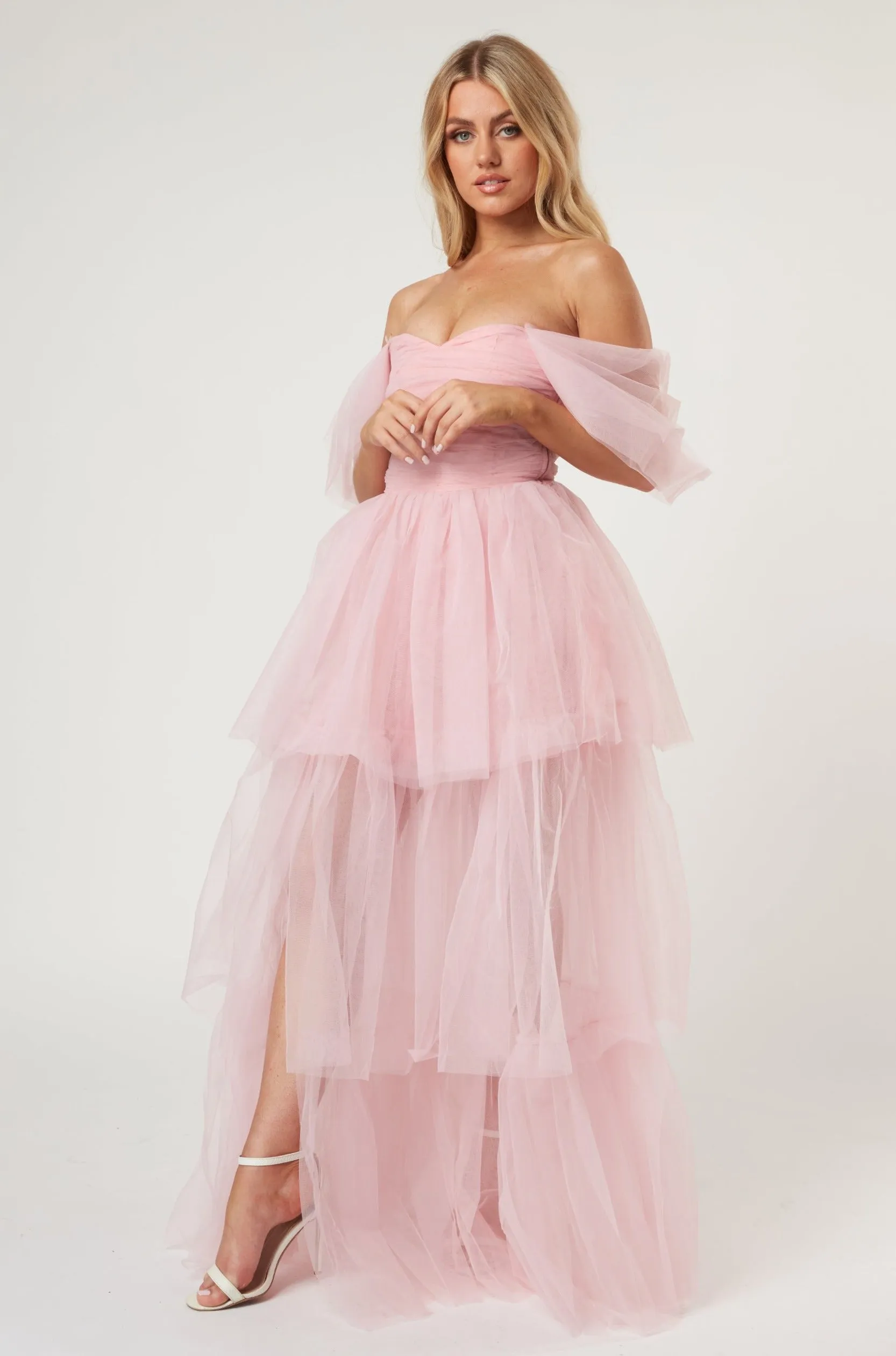 Sydney Off Shoulder Tulle Maxi Dress in Powder Pink sold by Lace & Beads product image thumbnail 2