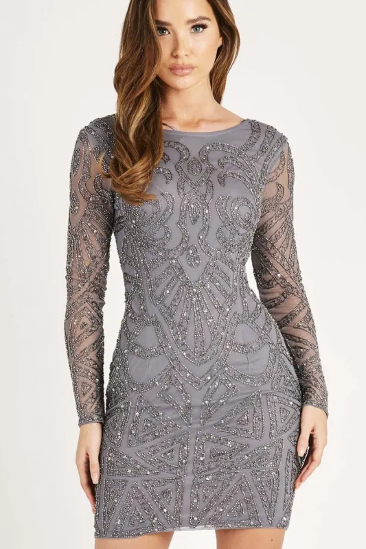 Brooklyn Grey Long Sleeve Sequin Mini Dress sold by Lace & Beads