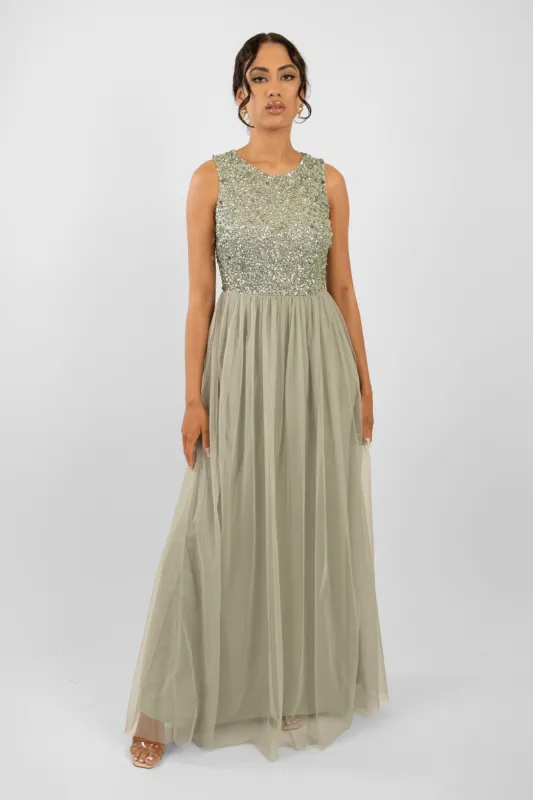 Picasso Sage Green Embellished Bridesmaid Dress sold by Lace & Beads