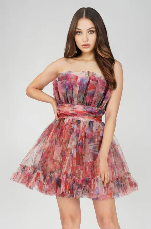 Nanita Tulle Mini Dress in Mixed Floral sold by Lace & Beads