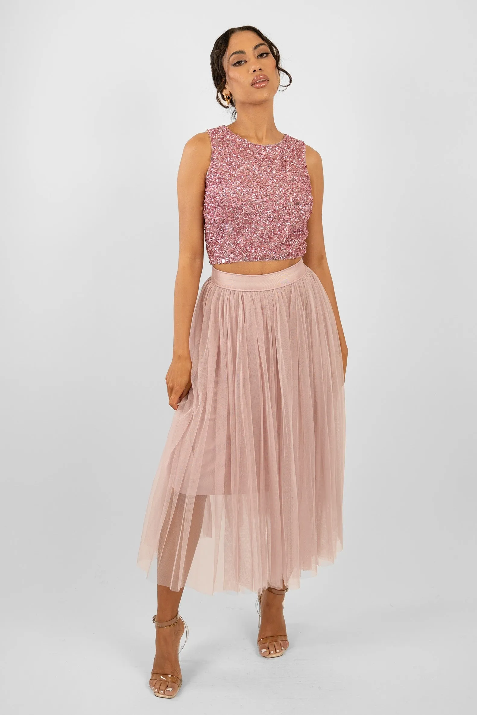 Cleo Pink Tulle Midi Skirt sold by Lace & Beads
