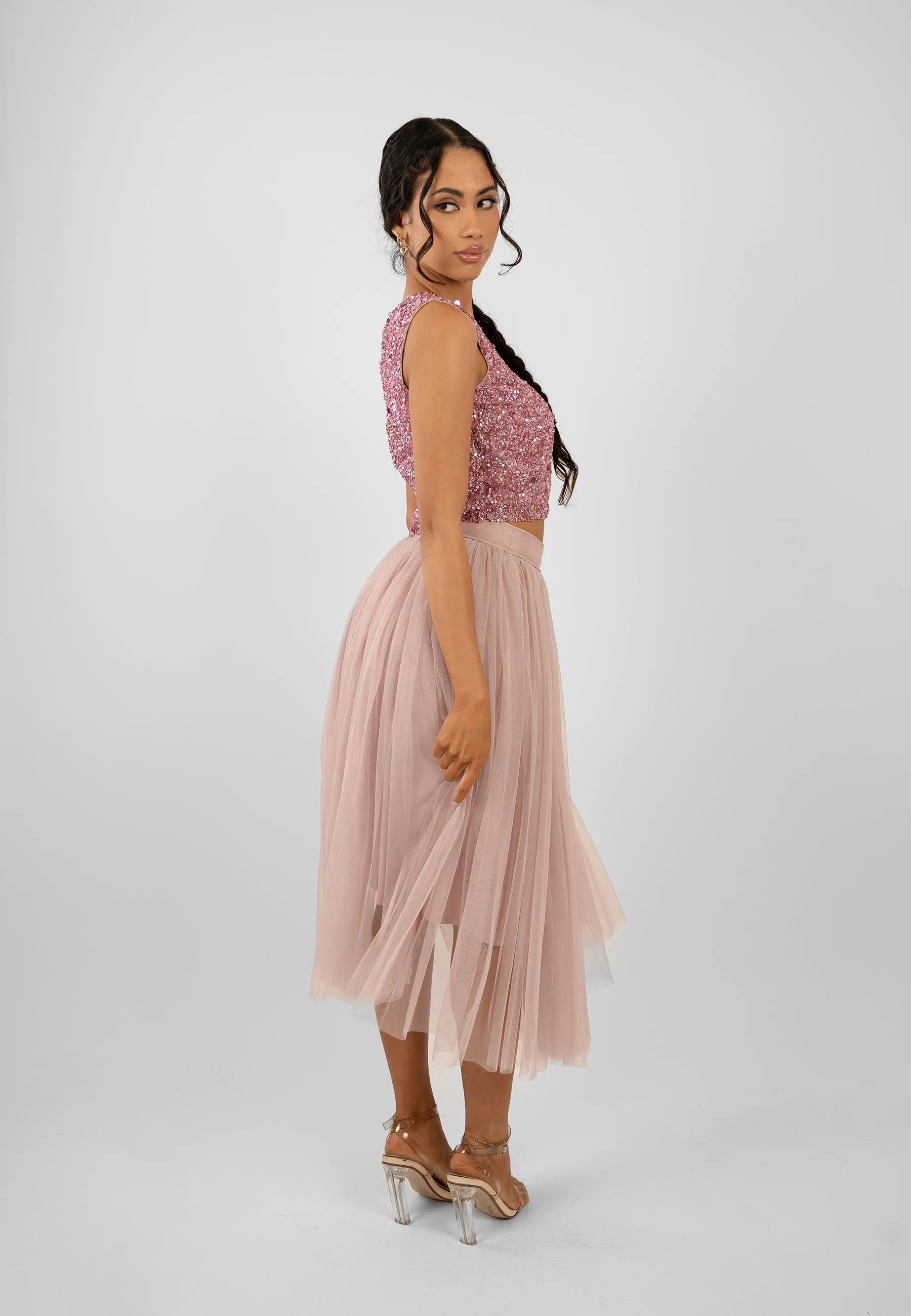 Cleo Pink Tulle Midi Skirt sold by Lace & Beads product image thumbnail 4