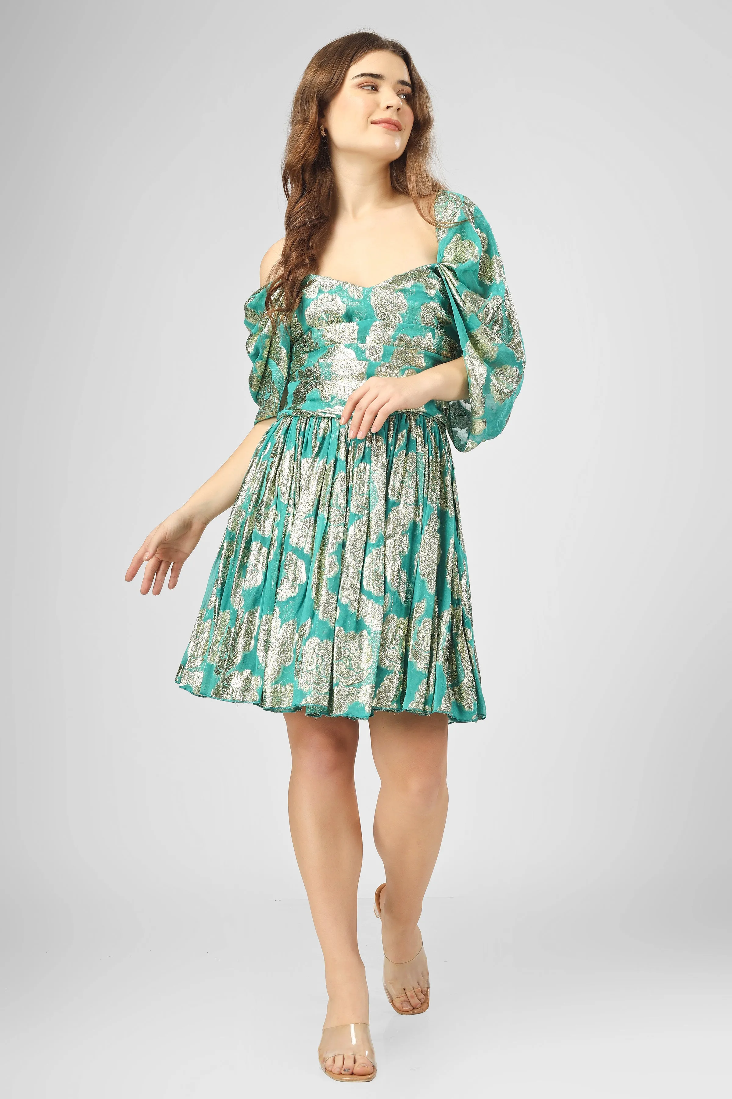 Sydney Metallic Printed Mini Dress in Aqua Green sold by Lace & Beads product image thumbnail 5