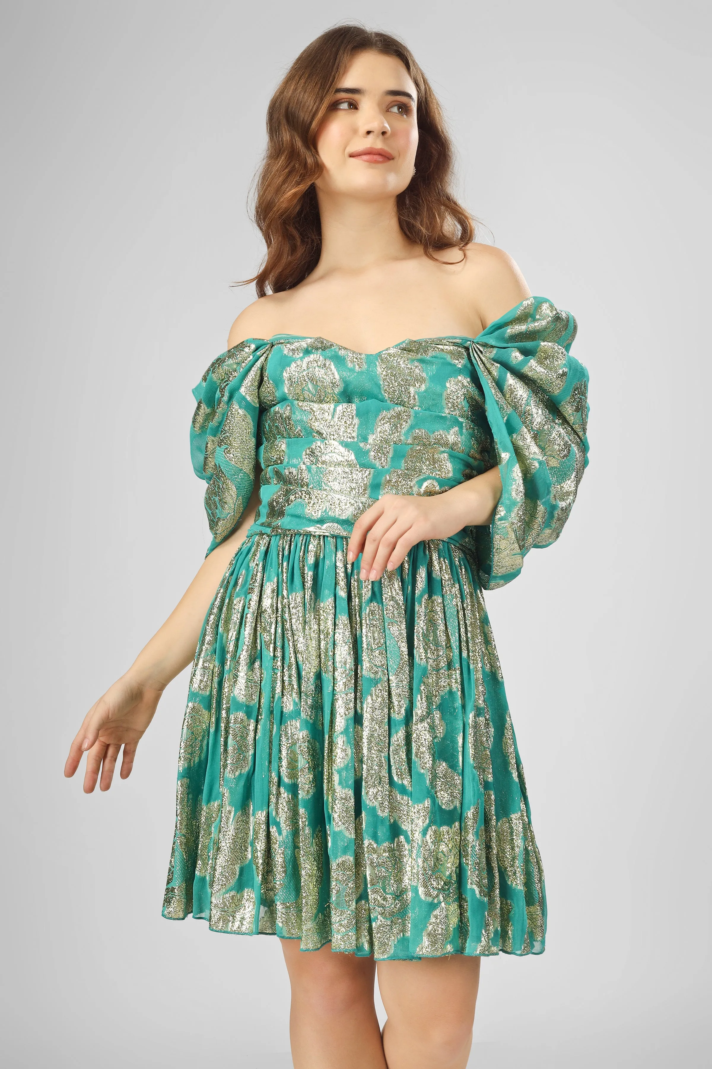 Sydney Metallic Printed Mini Dress in Aqua Green sold by Lace & Beads product image thumbnail 2