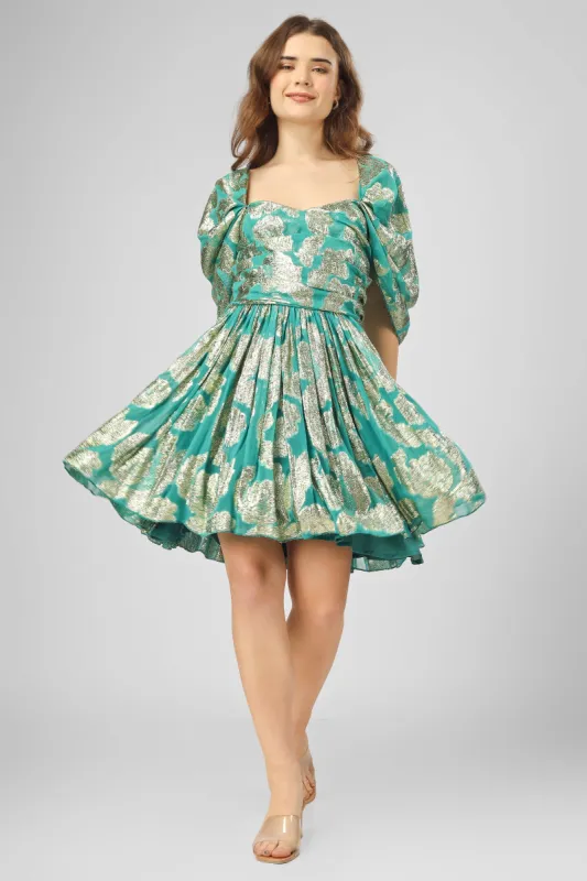 Sydney Metallic Printed Mini Dress in Aqua Green sold by Lace & Beads