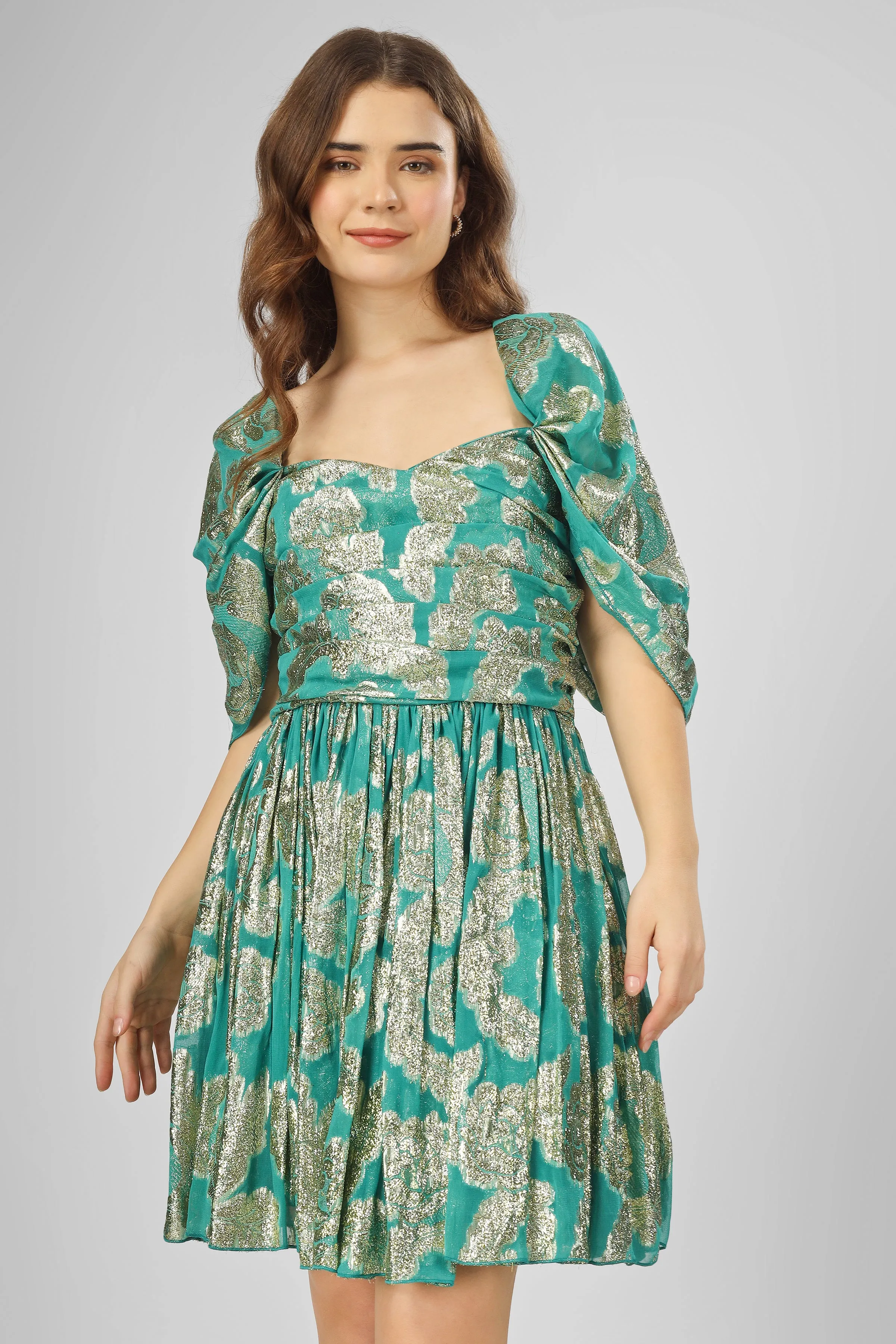 Sydney Metallic Printed Mini Dress in Aqua Green sold by Lace & Beads product image thumbnail 4