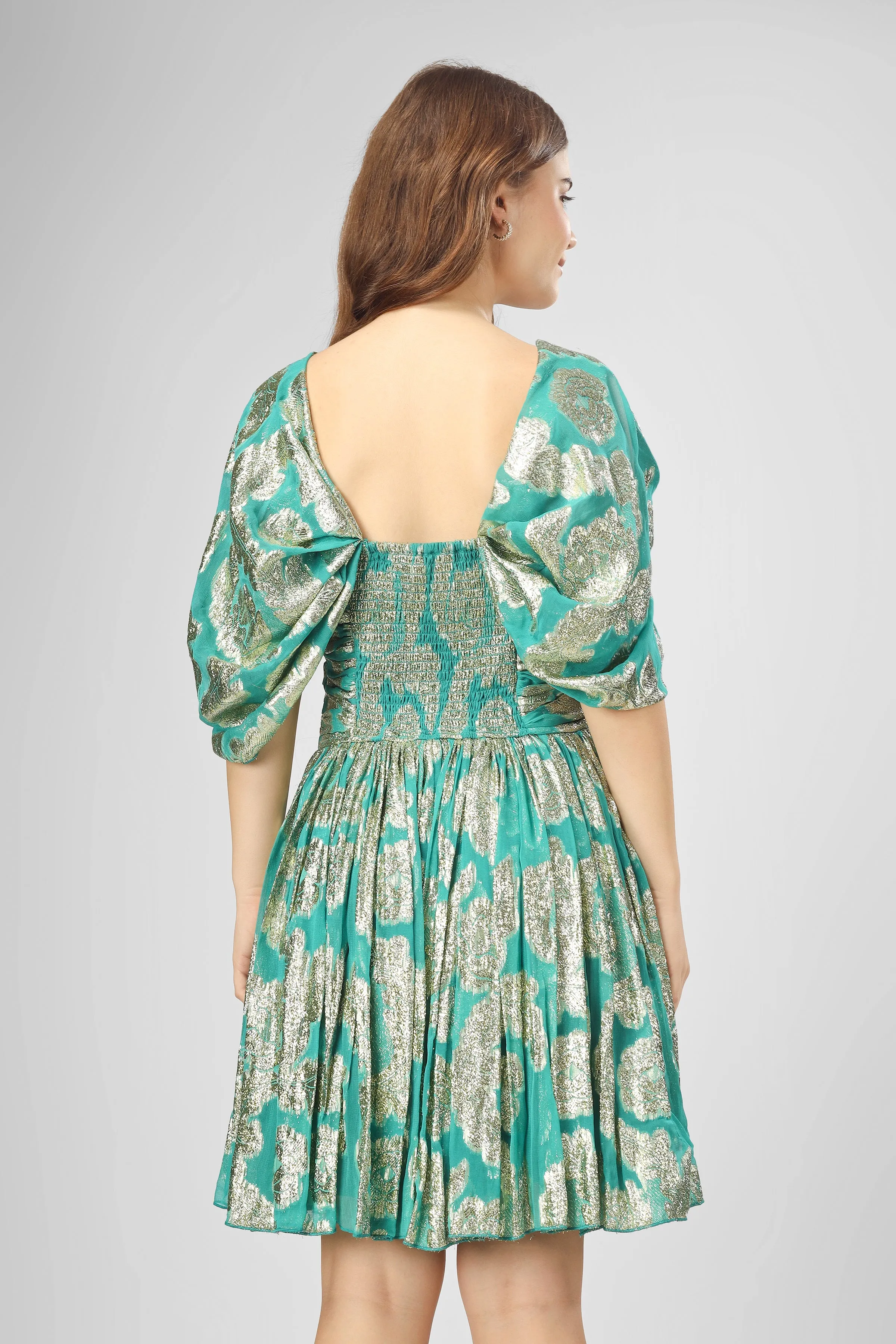 Sydney Metallic Printed Mini Dress in Aqua Green sold by Lace & Beads product image thumbnail 3