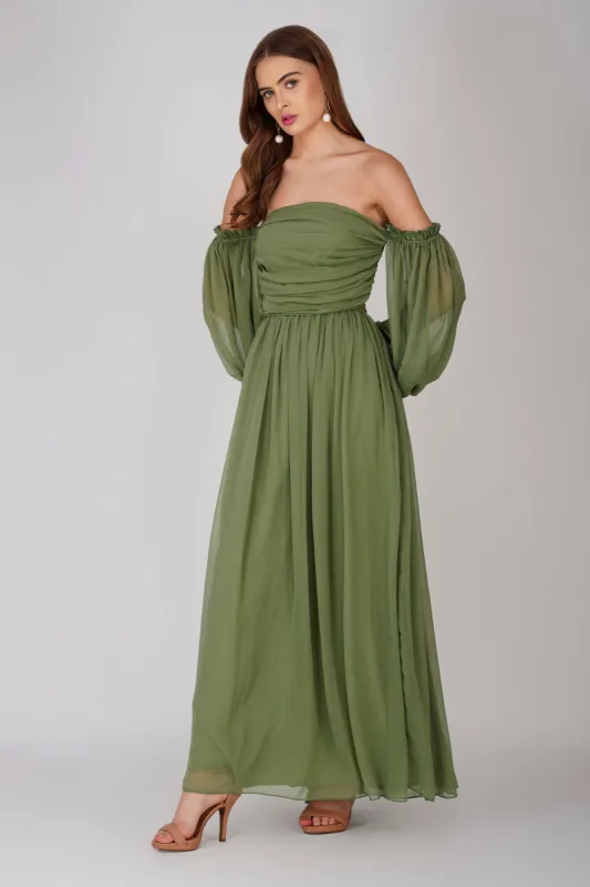 Lana Chiffon Maxi Dress in Soft Olive sold by Lace & Beads