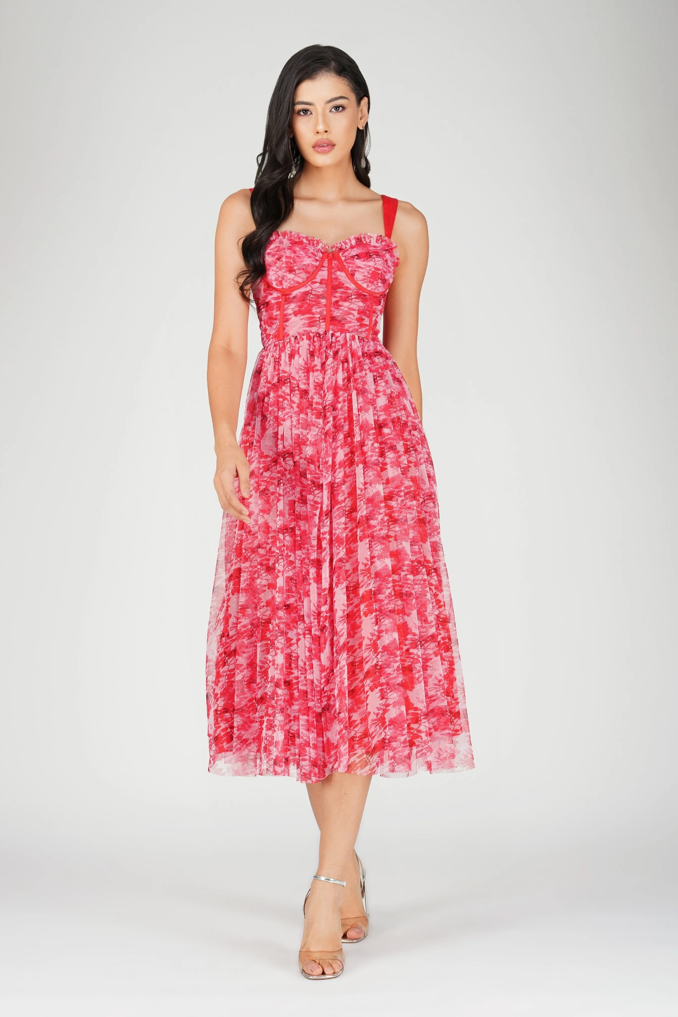 Dane Red Printed Corset Tulle Midi Dress sold by Lace & Beads
