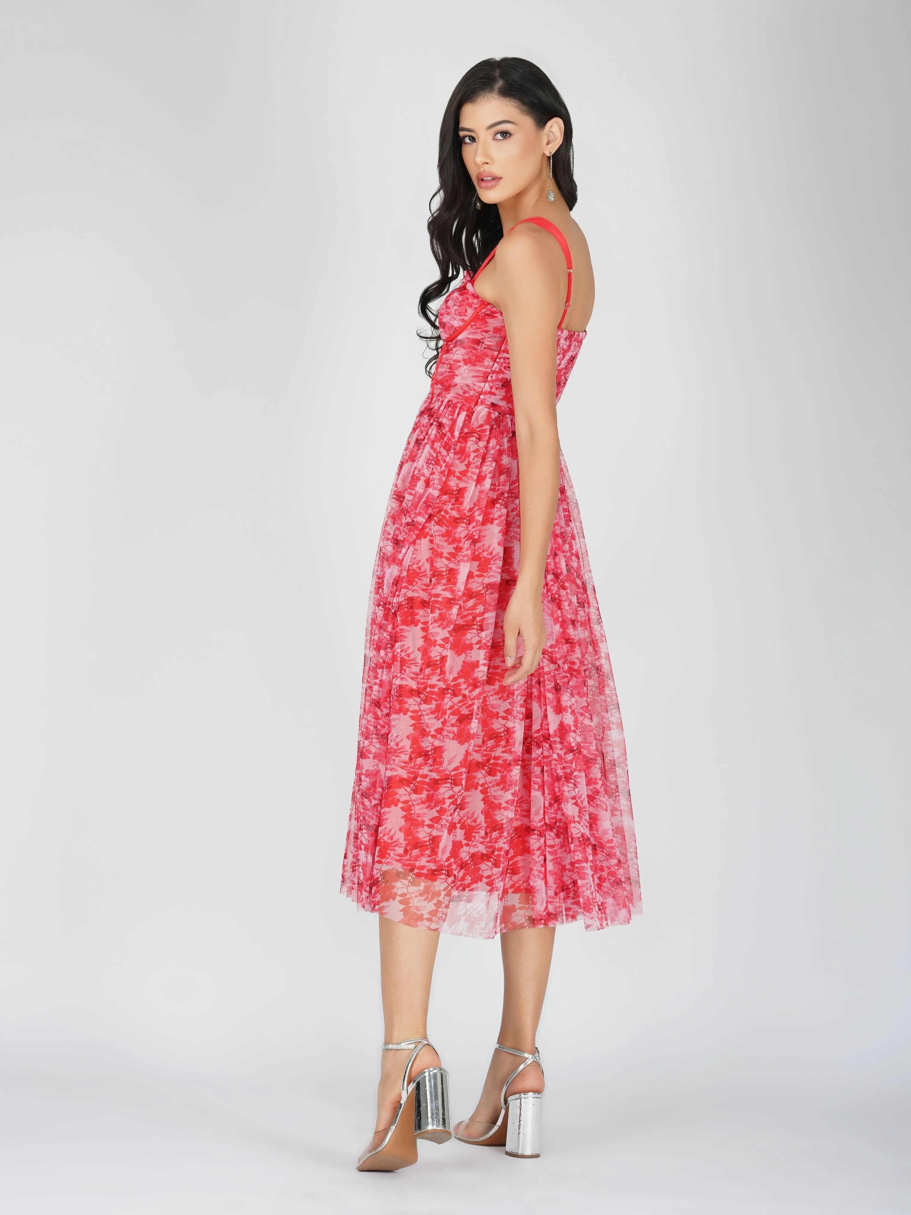 Dane Red Printed Corset Tulle Midi Dress sold by Lace & Beads product image thumbnail 2