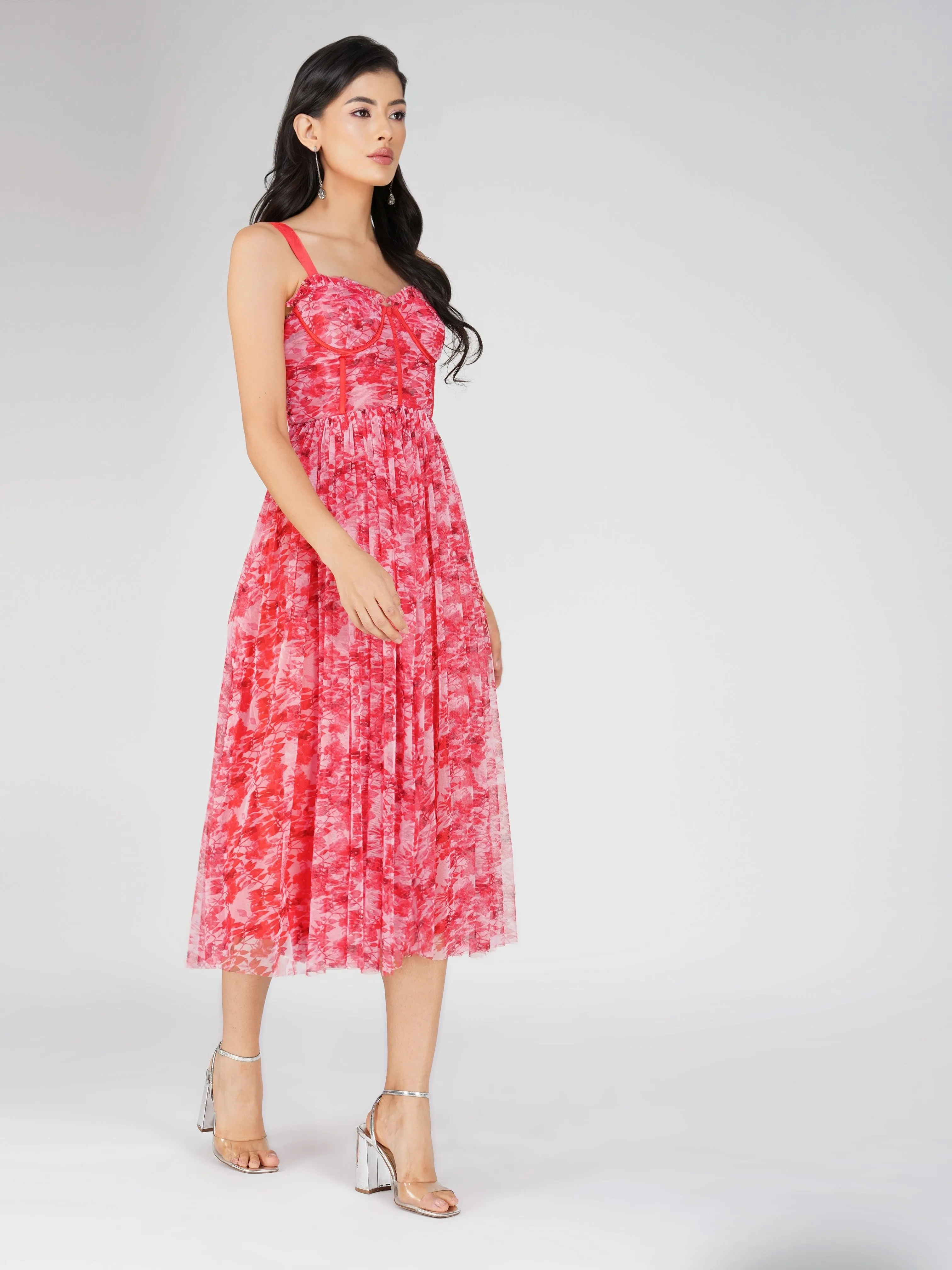 Dane Red Printed Corset Tulle Midi Dress sold by Lace & Beads product image thumbnail 4