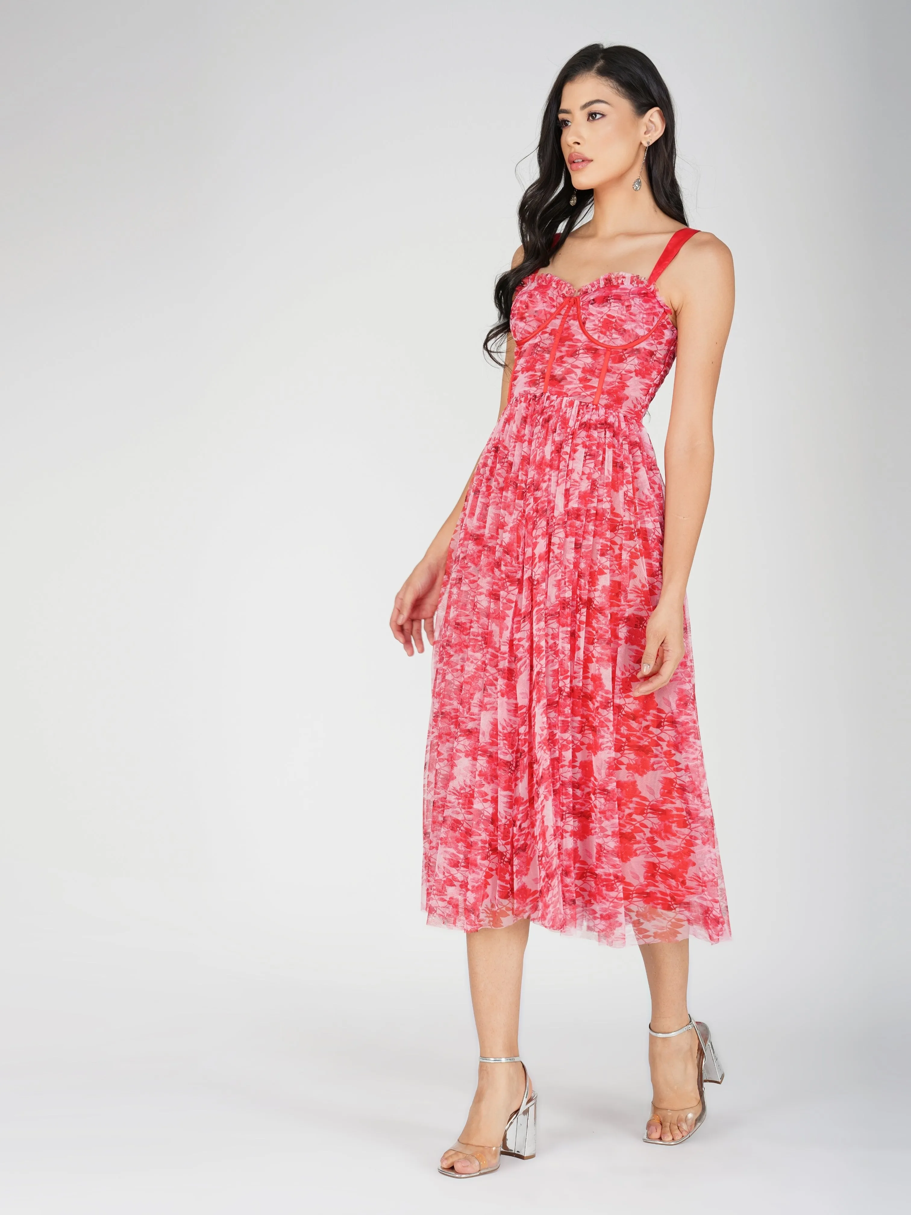 Dane Red Printed Corset Tulle Midi Dress sold by Lace & Beads product image thumbnail 3