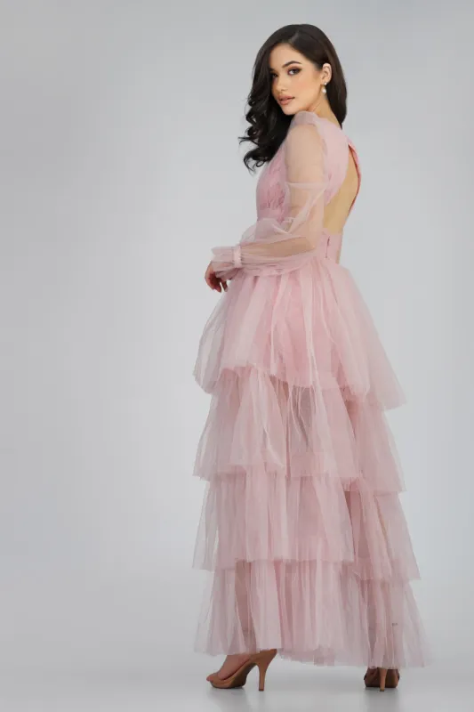 Salma Long Sleeve Tulle Maxi Dress in Pink sold by Lace & Beads