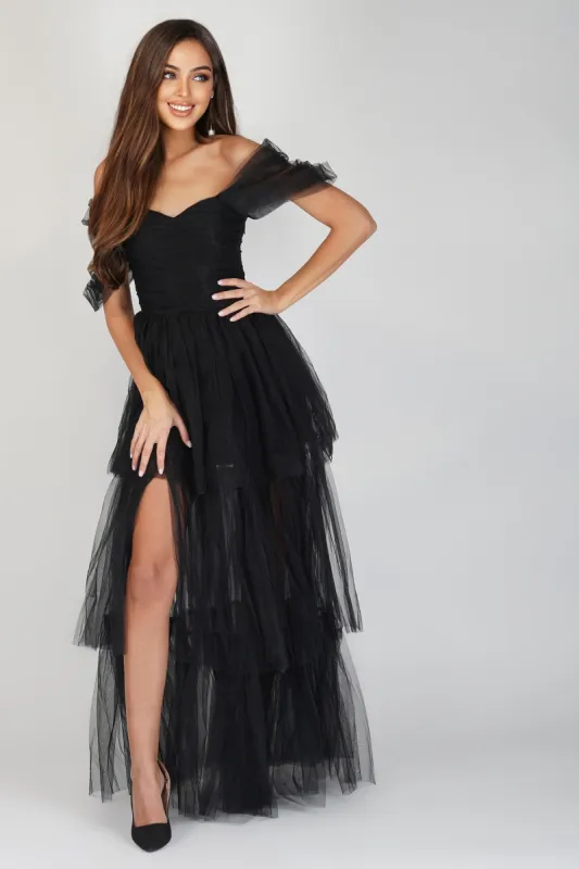 Sydney Off Shoulder Tulle Maxi Dress in Black sold by Lace & Beads