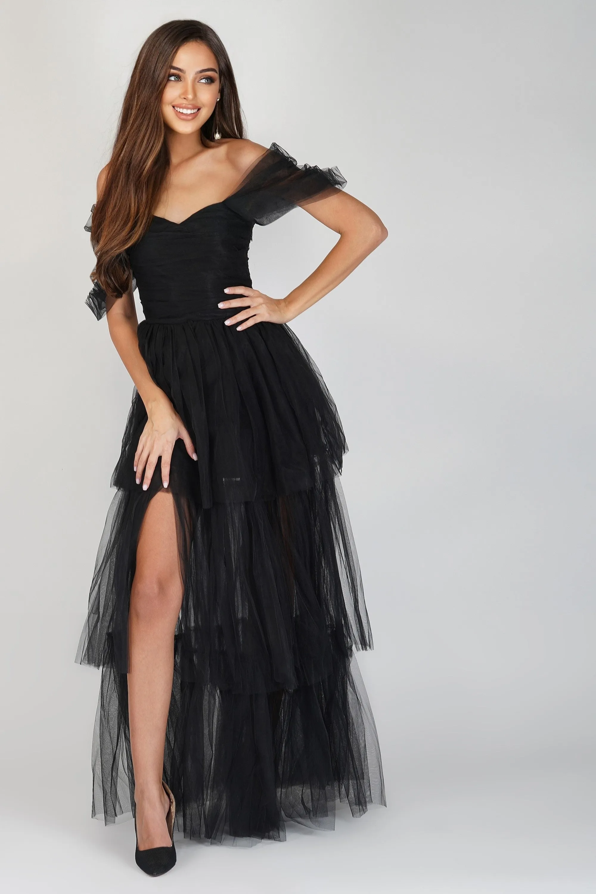 Sydney Off Shoulder Tulle Maxi Dress in Black sold by Lace & Beads