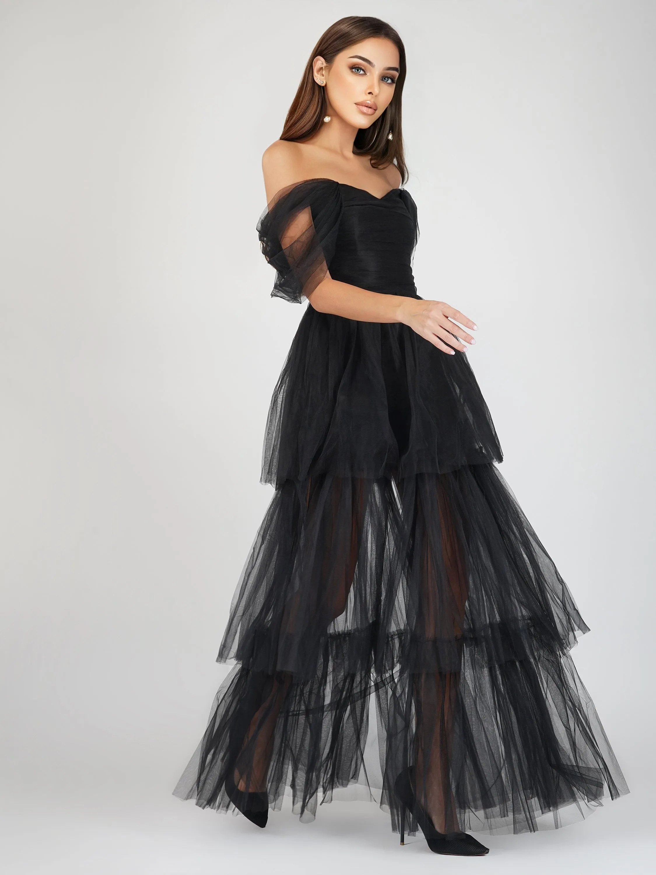 Sydney Off Shoulder Tulle Maxi Dress in Black sold by Lace & Beads product image thumbnail 3