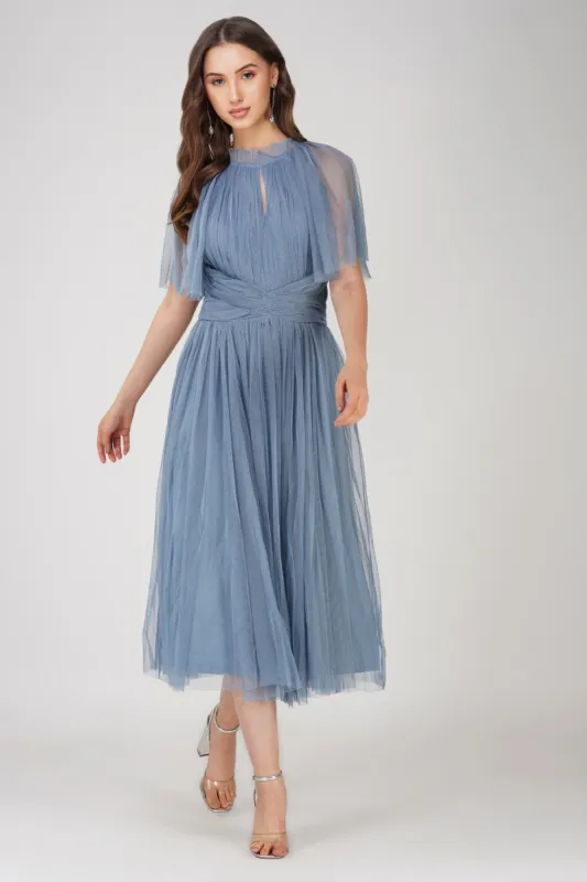 Cristiane Dusty Blue Tulle Midi Dress sold by Lace & Beads