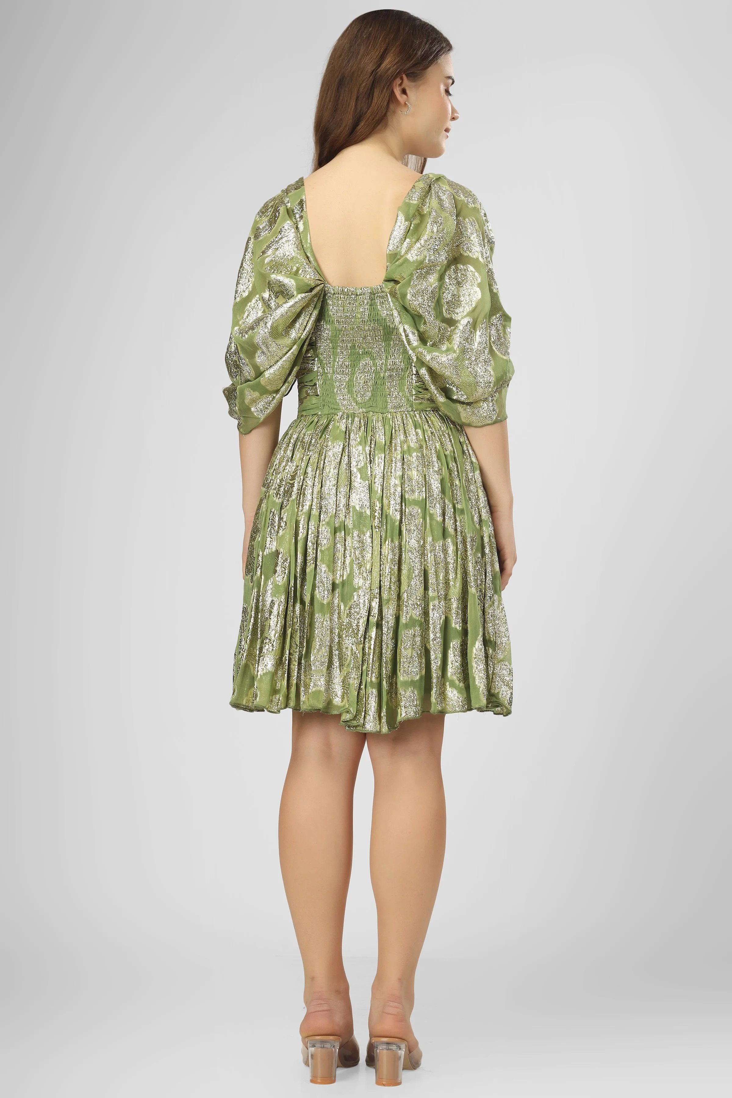 Sydney Metallic Printed Mini Dress in Olive Green sold by Lace & Beads product image thumbnail 2