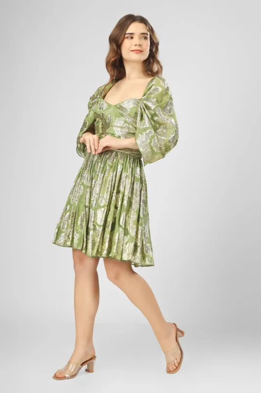 Sydney Metallic Printed Mini Dress in Olive Green sold by Lace & Beads