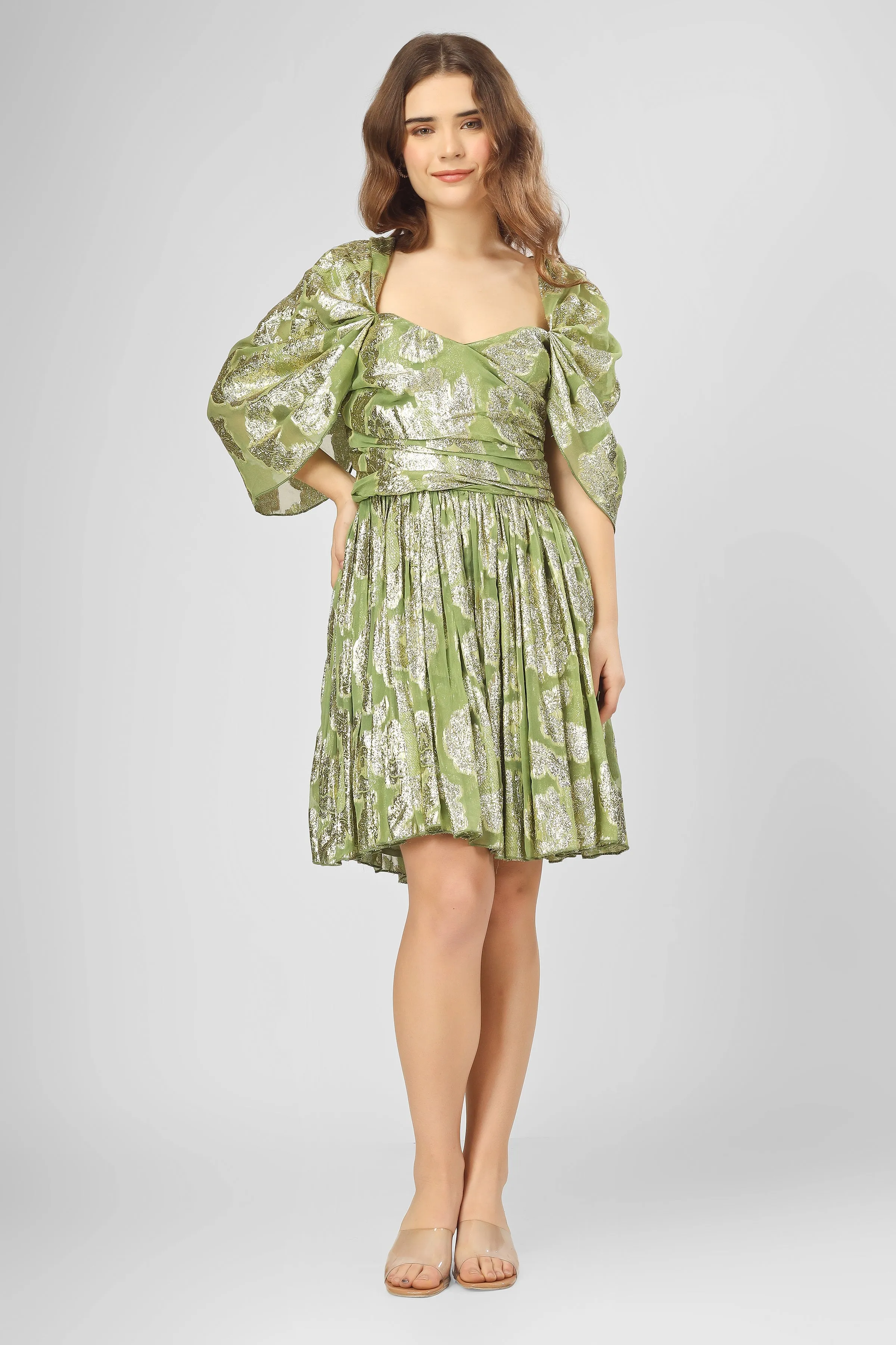 Sydney Metallic Printed Mini Dress in Olive Green sold by Lace & Beads product image thumbnail 4