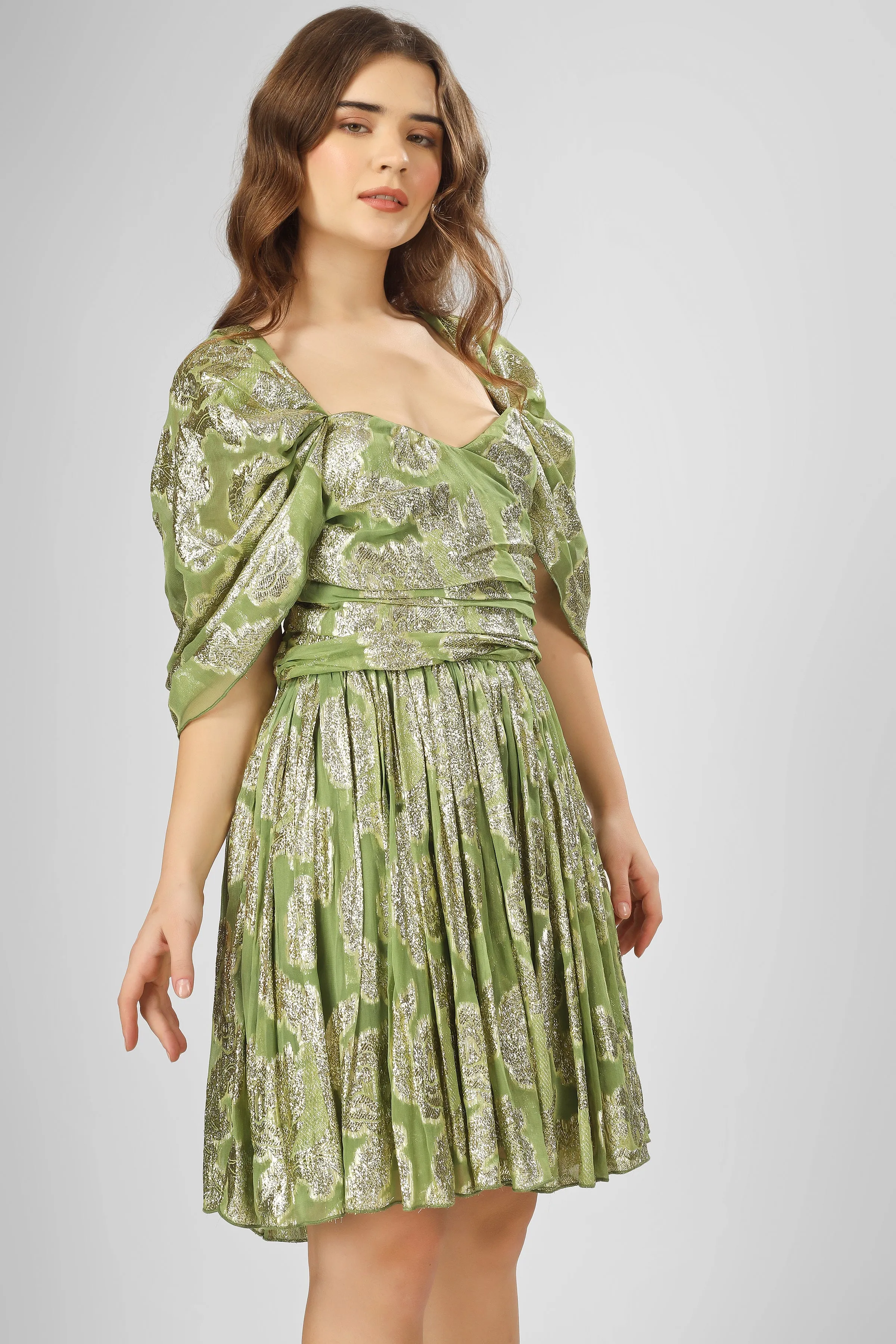 Sydney Metallic Printed Mini Dress in Olive Green sold by Lace & Beads product image thumbnail 5